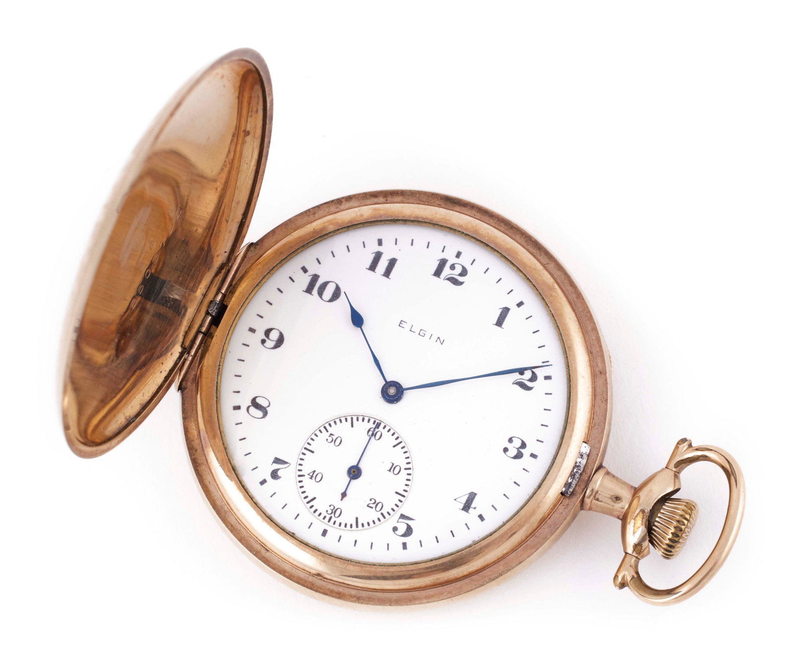 ELGIN YELLOW GOLD-FILLED POCKET WATCH Circa 1918: ELGIN YELLOW GOLD-FILLED POCKET WATCH Circa 1918 Full hunter Keystone case, #8503752. Elgin National Watch Co. movement #20590871, 15 jewels. Ivory dial with black Arabic numerals and sub-second dial.