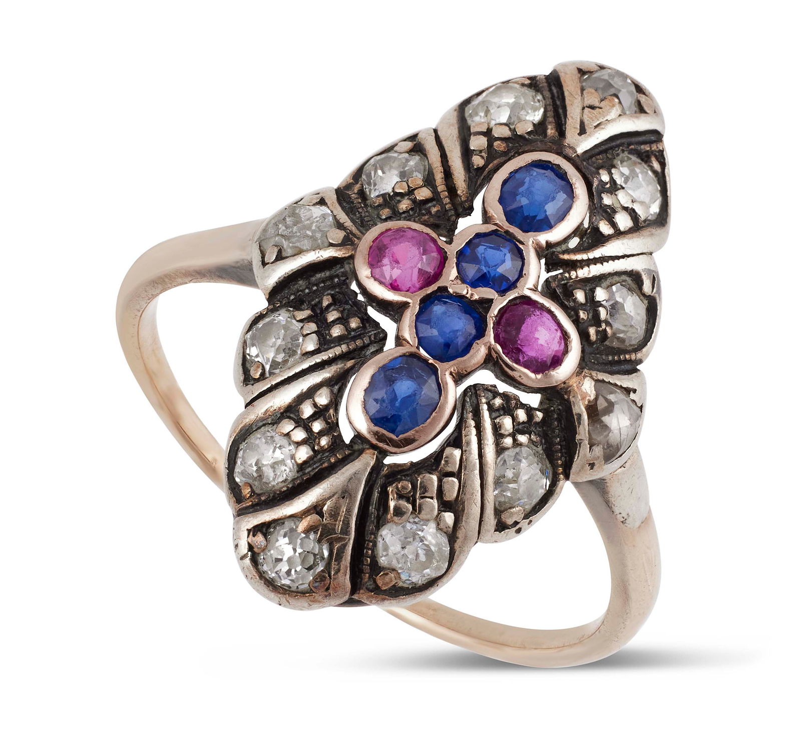 14KT YELLOW GOLD, DIAMOND, SAPPHIRE AND RUBY RING Circa 1880-1890 Approx. 2.04 total dwt. (1 of 1)