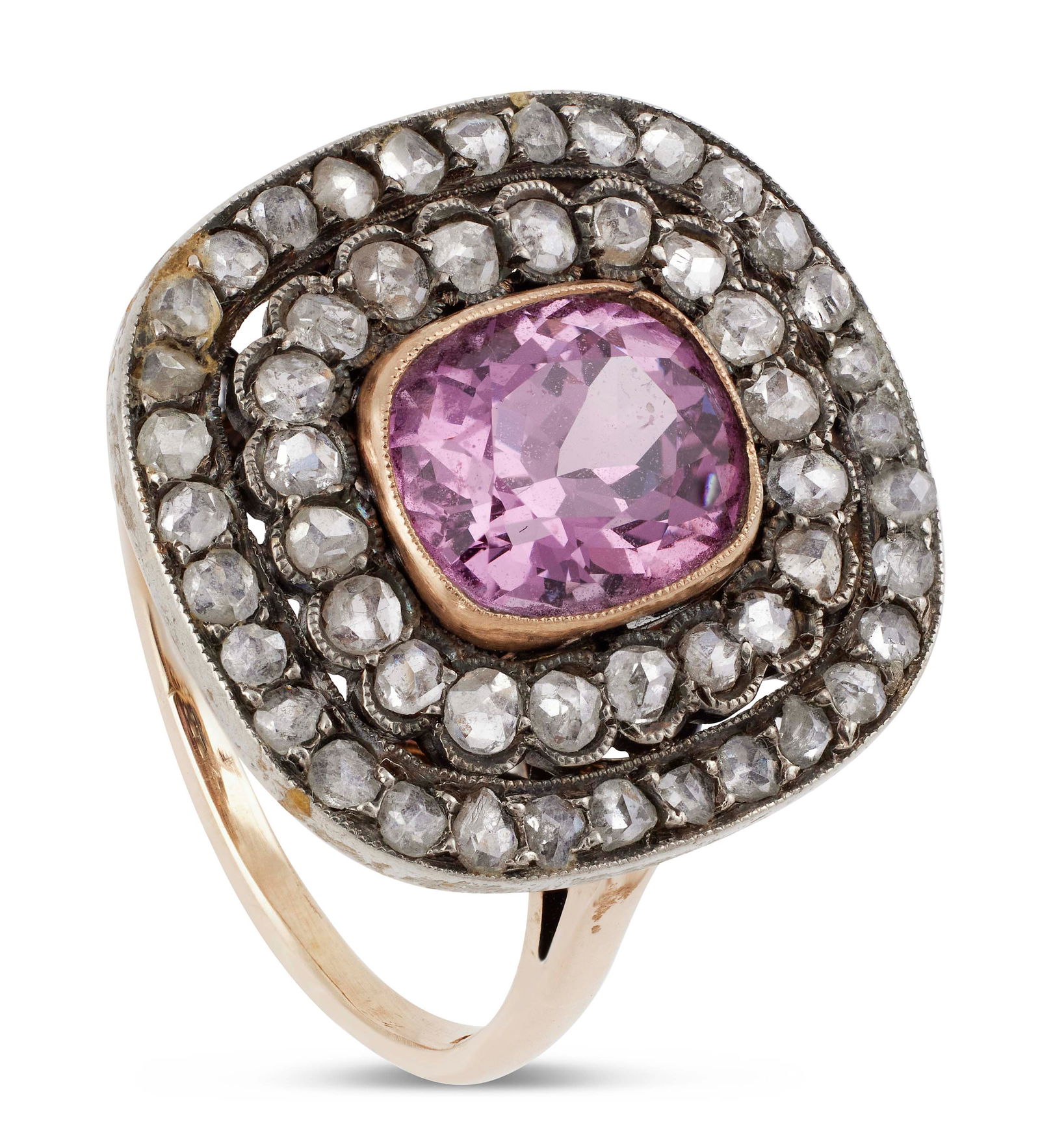 18KT YELLOW GOLD, SILVER, PINK SPINEL AND DIAMOND RING Approx. 4.39 total dwt. (1 of 1)