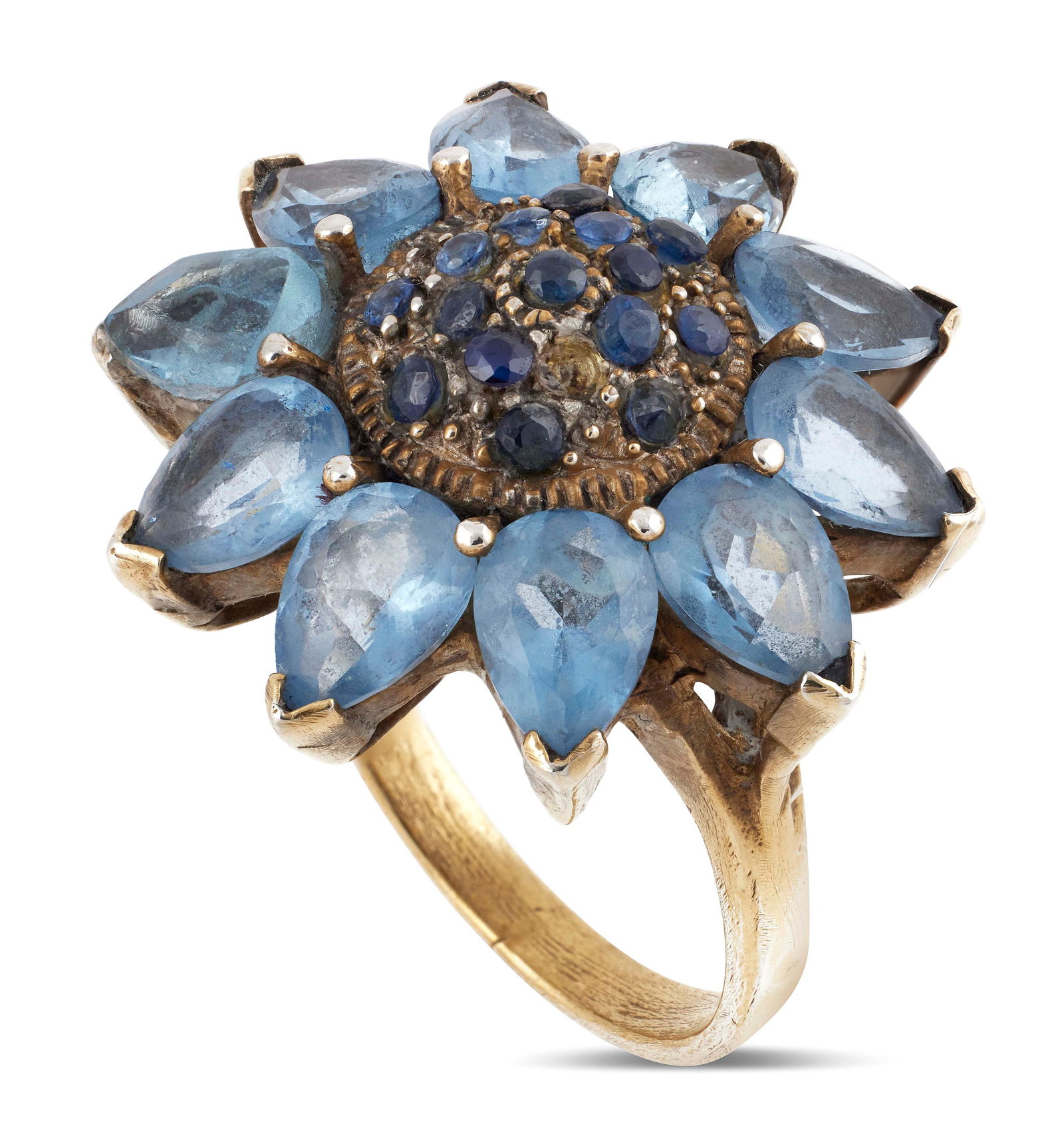 18KT ROLLED GOLD OVER SILVER, TOPAZ AND SAPPHIRE FLOWER RING Circa 1920s Approx. 6.26 total dwt. (1 of 1)