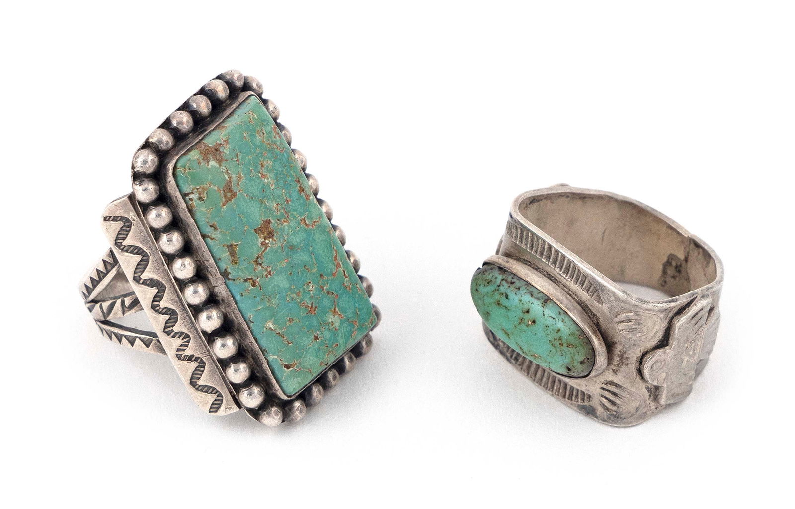 TWO NAVAJO STERLING SILVER AND TURQUOISE RINGS Mid- to Late 20th Century (1 of 1)