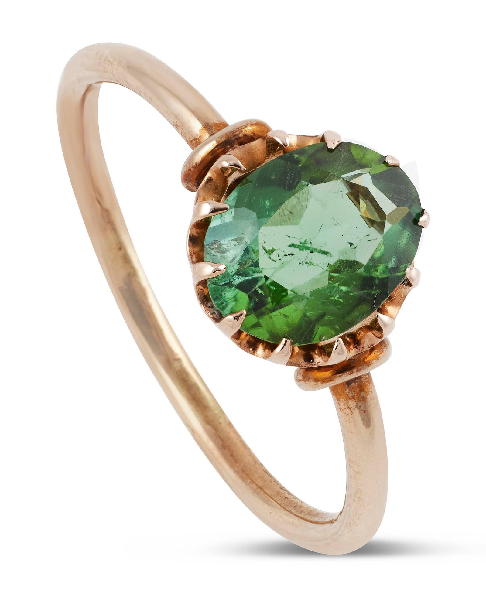 14KT YELLOW GOLD AND GREEN TOURMALINE RING Approx 1.54 total dwt.: 14KT YELLOW GOLD AND GREEN TOURMALINE RING One approx. 7.0 x 9.0mm oval-cut green tourmaline set in a solitaire mounting. Stamped. Size 9½. Approx 1.54 total dwt.