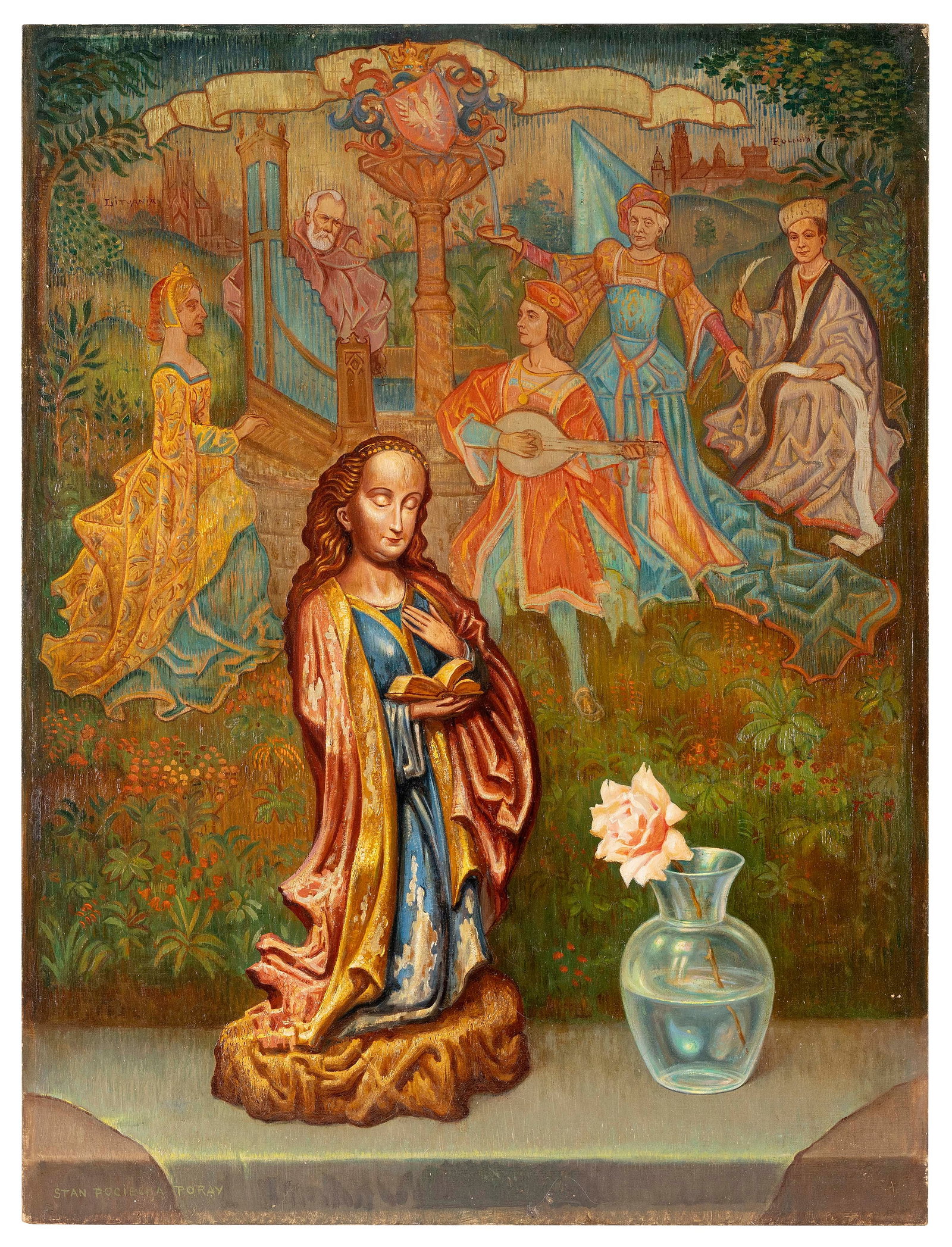 STAN POCIECHA PORAY (California/Poland, 1888-1948), “Gothic Tapestry”., Oil on canvas: STAN POCIECHA PORAY California/Poland, 1888-1948 “Gothic Tapestry”. Signed lower left “Stan Pociecha Poray”. Titled verso. Oil on canvas laid down on board, 32” x 24.5