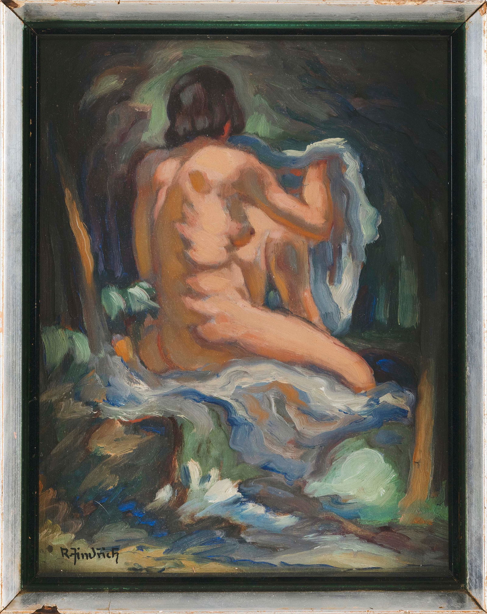 CONTINENTAL SCHOOL (19th Century,), Seated nude., Oil on panel, 12.25” x 9.25”. Framed: CONTINENTAL SCHOOL19th CenturySeated nude. Signed lower left “R. Jindrich[?]”. Possibly Rudolph Jindrich. Czech stamp verso.Oil on panel, 12.25” x 9.25”. Framed 13.5” x 10.75