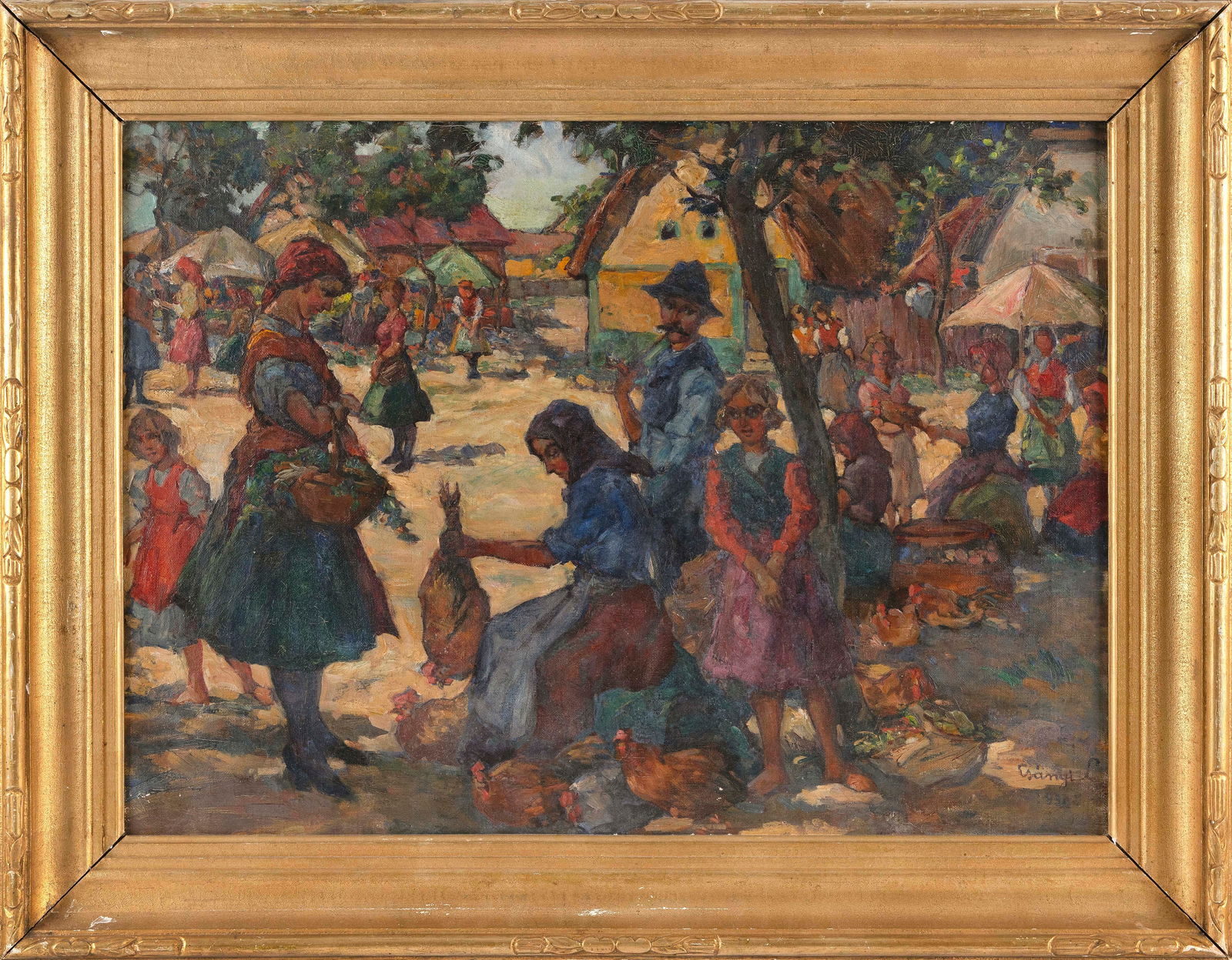 HUNGARIAN SCHOOL (20th Century,), Figures in an open marketplace., Oil on canvas, 21" x 29". Framed (1 of 3)