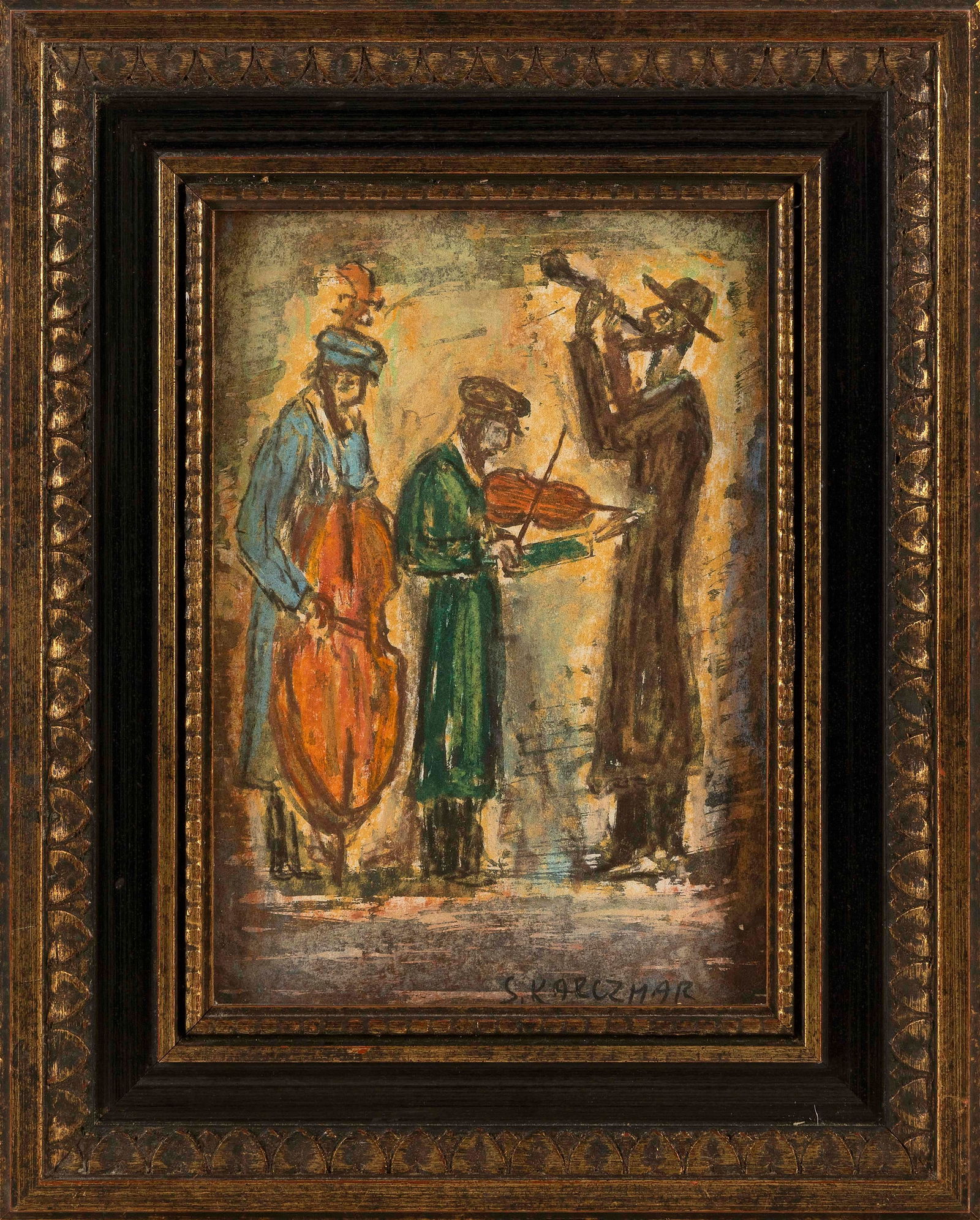 SIMON NATAN KARCZMAR (Israel/Russian Federation/Poland, 1903-1982), Three musicians., Mixed media on: SIMON NATAN KARCZMARIsrael/Russian Federation/Poland, 1903-1982Three musicians. Signed lower right "Karczmar".Mixed media on paper, 11" x 8" sight. Framed 17.5" x 13.5".