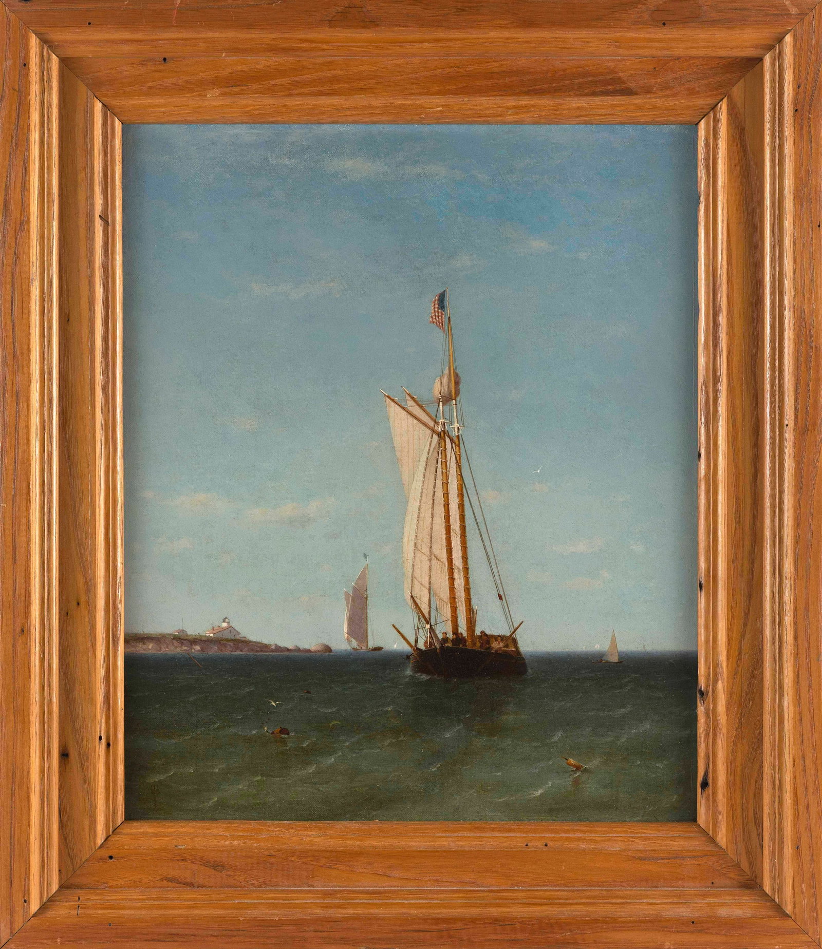 AMERICAN SCHOOL (19th Century,), Gaff-rigged boat off a lighthouse., Oil on canvas, 18" x 15".: AMERICAN SCHOOL 19th Century Gaff-rigged boat off a lighthouse. Monogrammed lower left "STS". Oil on canvas, 18" x 15". Framed 24" x 21".