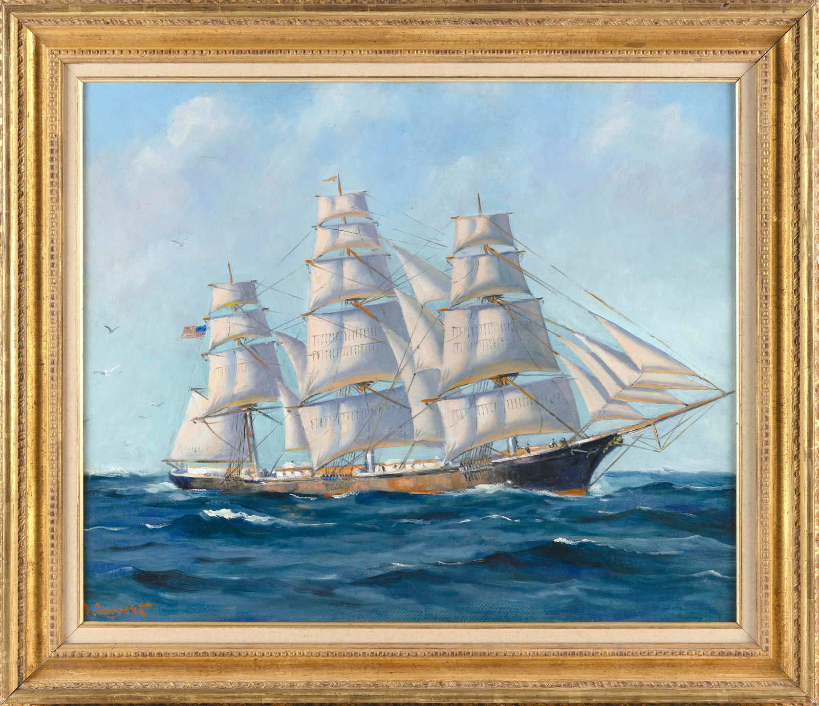 SAM SARGENT (Massachusetts/Maryland, 1889-1958), Three-masted ship., Oil on academy board, 21” (1 of 2)