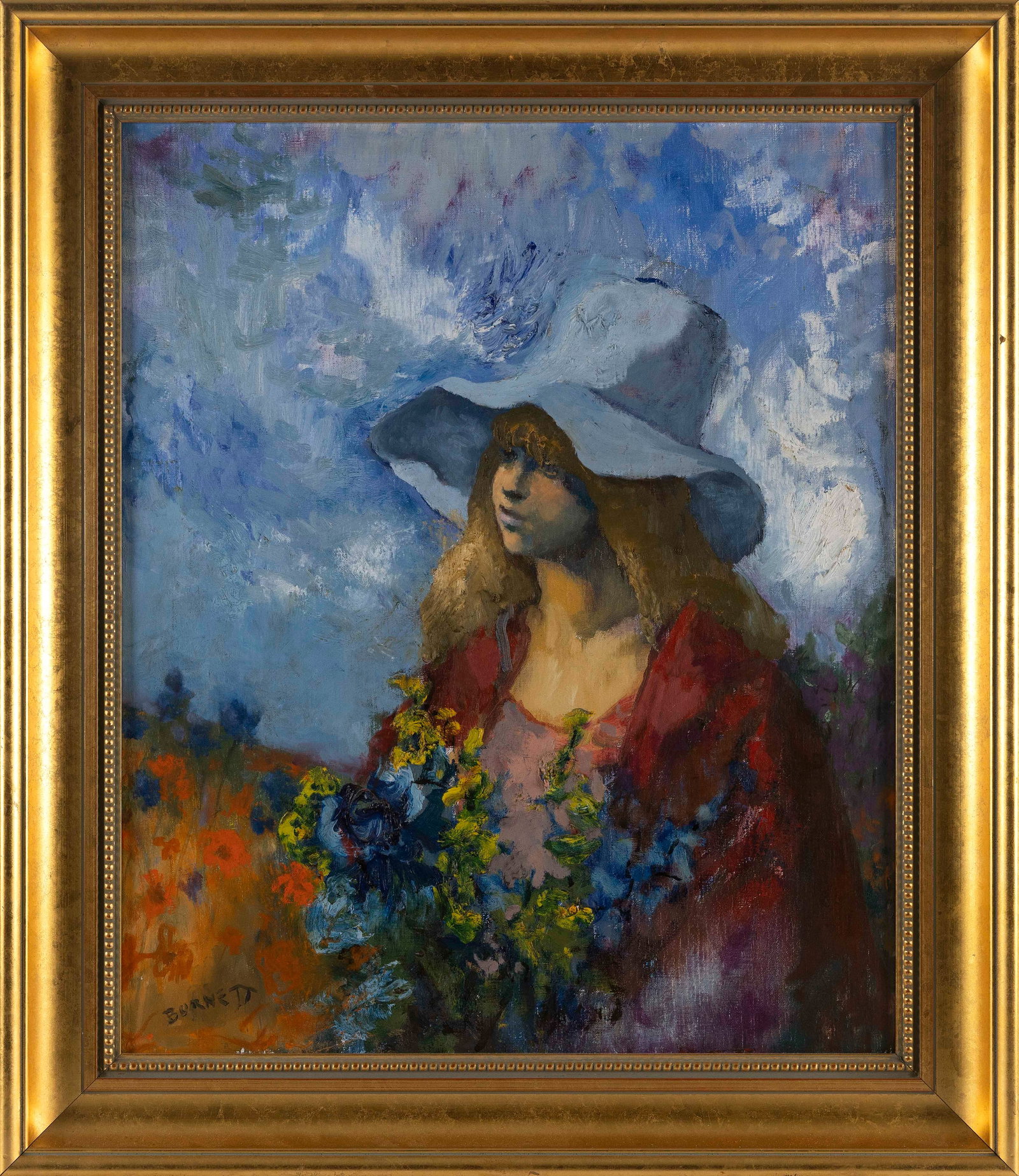 LOUIS ANTHONY BURNETT (New Jersey, 1907-1999), "Girl in Blue Hat"., Oil on canvas, 24" x 20". Framed: LOUIS ANTHONY BURNETT New Jersey, 1907-1999 "Girl in Blue Hat". Signed lower left "Burnett". Titled on Rockport Art Association label verso. Oil on canvas, 24" x 20". Framed 29.5" x 25.5".