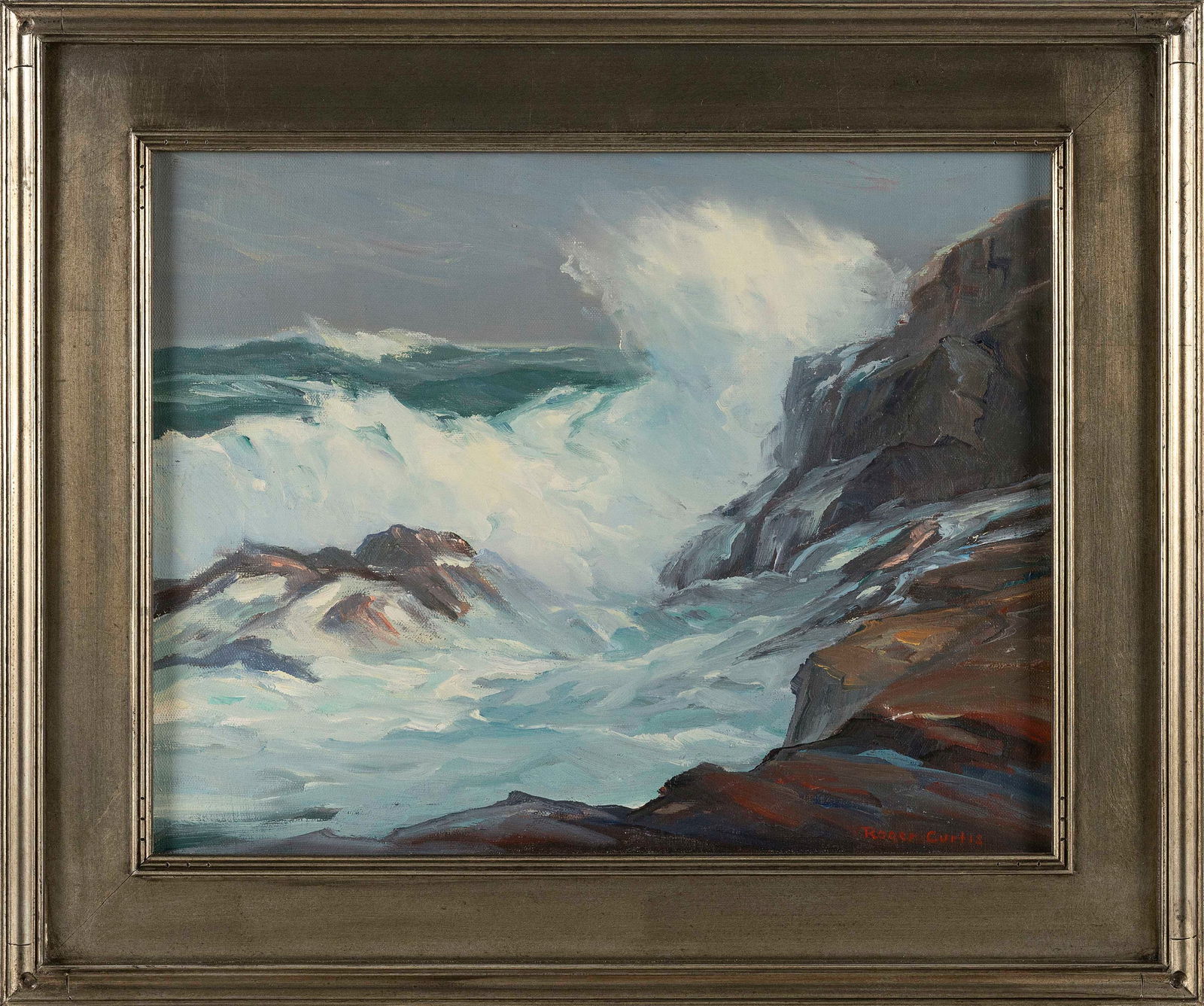 ROGER WILLIAM CURTIS (Massachusetts, 1910-2000), Waves crashing on the coast., Oil on canvas, 14" x (1 of 2)