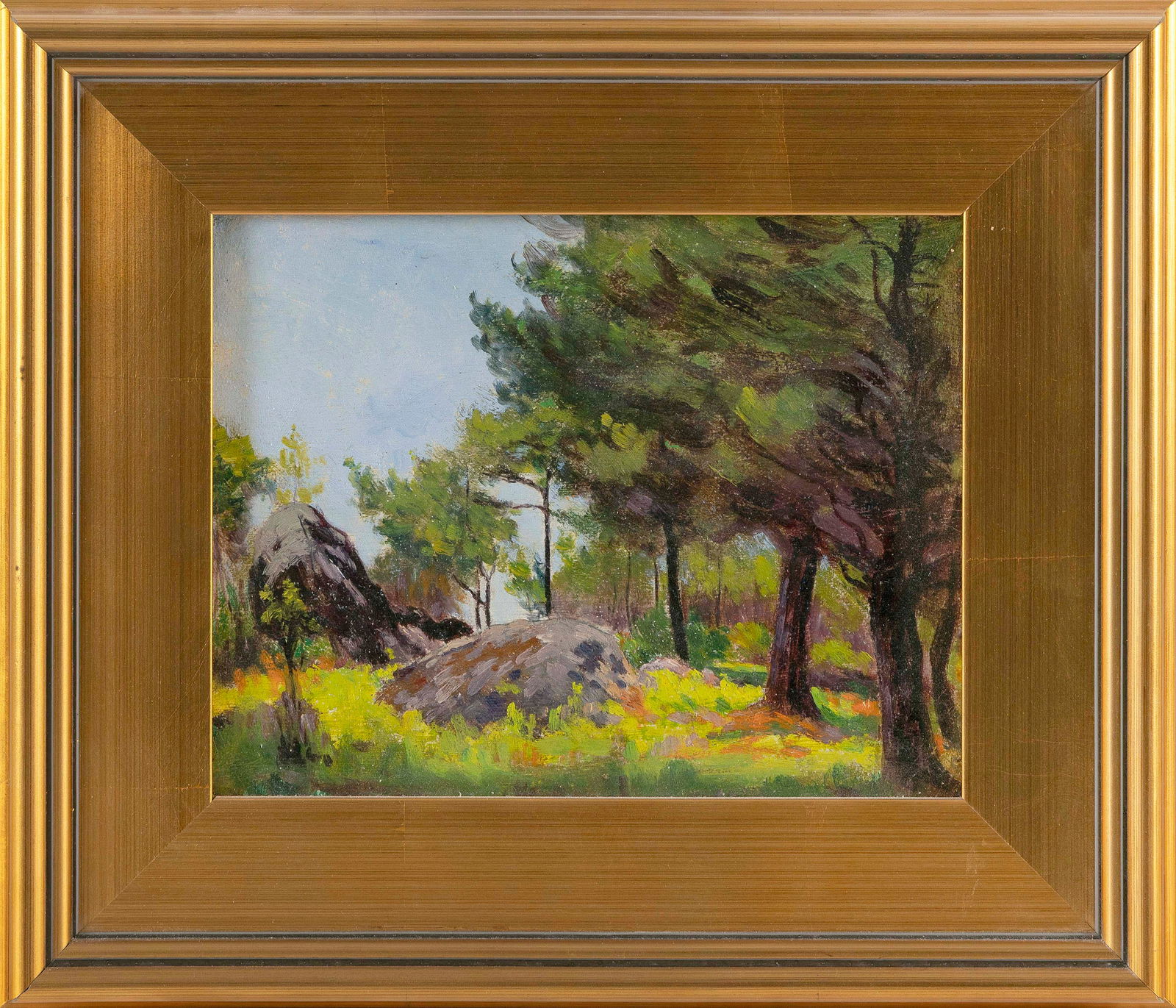 ARTHUR E. WARD (Maine, 1863-1928), Landscape with rock., Oil on canvas, 8" x 10". Framed 13" x 15". (1 of 2)