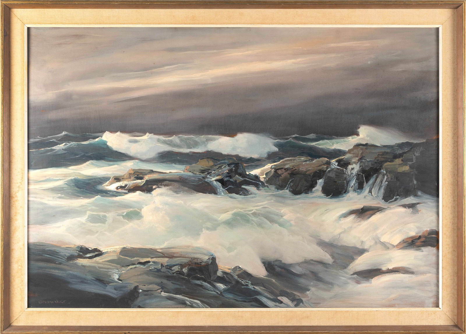 PHILIP G. SHUMAKER (Pennsylvania/Maine, 1921-1967), Crashing surf., Oil on board, 30" x 44". Framed: PHILIP G. SHUMAKER Pennsylvania/Maine, 1921-1967 Crashing surf. Signed lower left "Shumaker". Oil on board, 30" x 44". Framed 35" x 49".