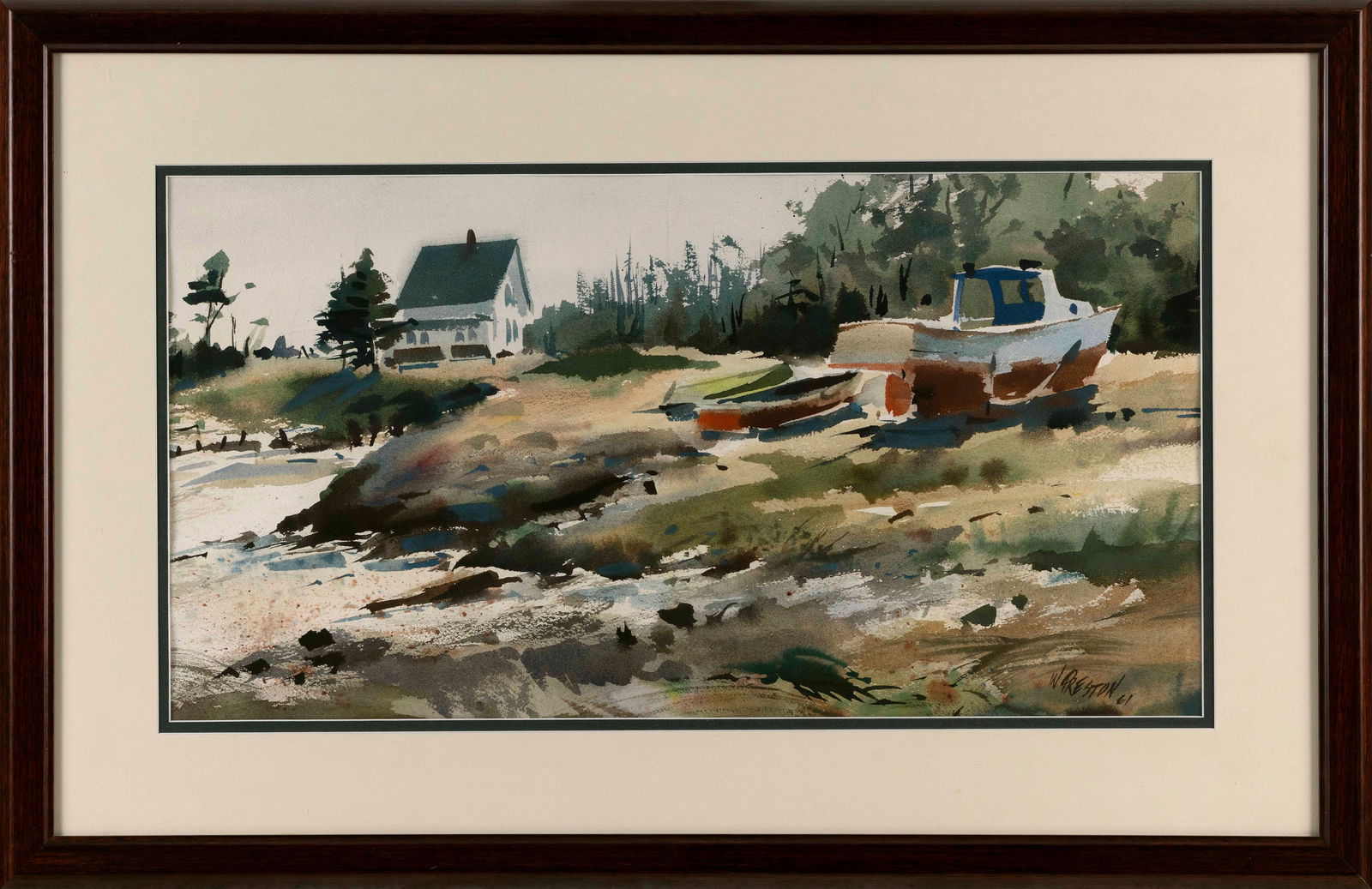 WILLIAM E. PRESTON (New Mexico/Maine, 1930-2015), Coastal Maine landscape with house and hauled (1 of 2)