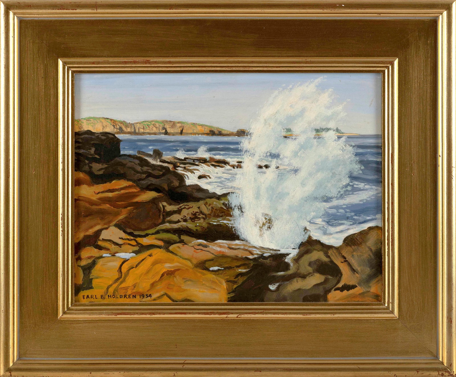 EARL HOLDREN (Pennsylvania, 20th Century), Thunder Hole, Bar Harbor, Maine., Oil on canvas board,: EARL HOLDREN Pennsylvania, 20th Century Thunder Hole, Bar Harbor, Maine. Signed and dated lower left "Earl B. Holdren 1954". Oil on canvas board, 12" x 16". Framed 19" x 23&qu