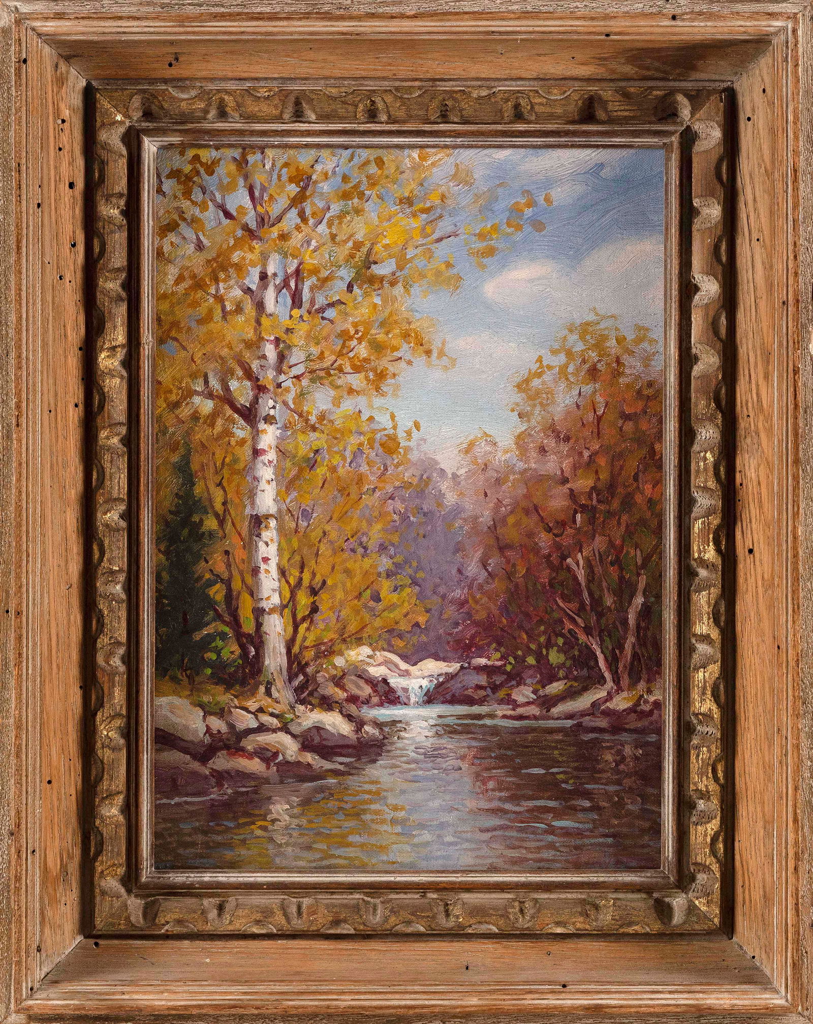 ATTRIBUTED TO WILLIAM FREDERICK PASKELL (Massachusetts, 1866-1951), Forest stream., Oil on board,: ATTRIBUTED TO WILLIAM FREDERICK PASKELLMassachusetts, 1866-1951Forest stream. Signed illegibly lower right.Oil on board, 14” x 10”. Framed 18” x 14”.