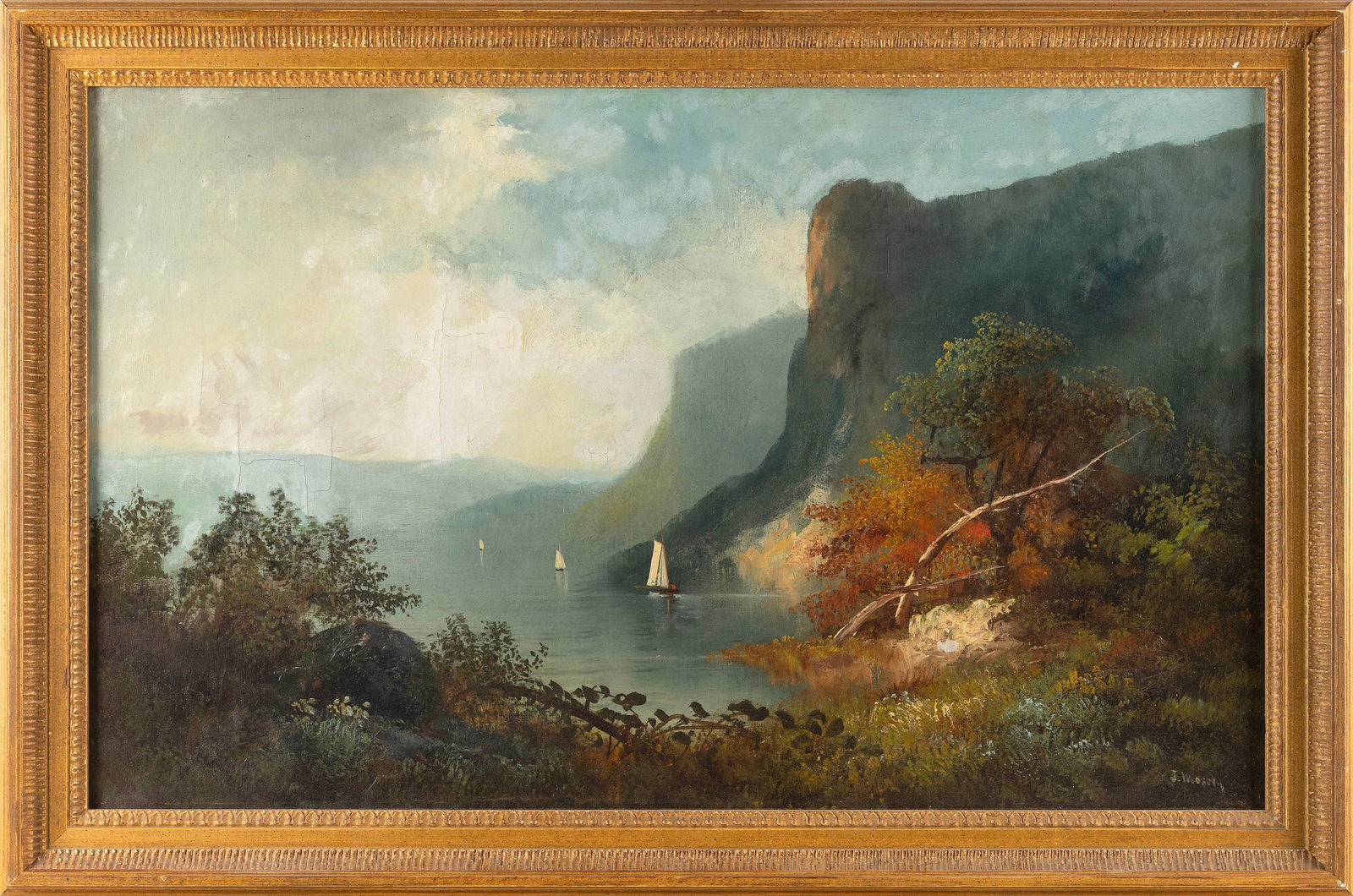 HUDSON RIVER SCHOOL (America, 19th Century), Primitive-style view of the Hudson River., Oil on (1 of 2)