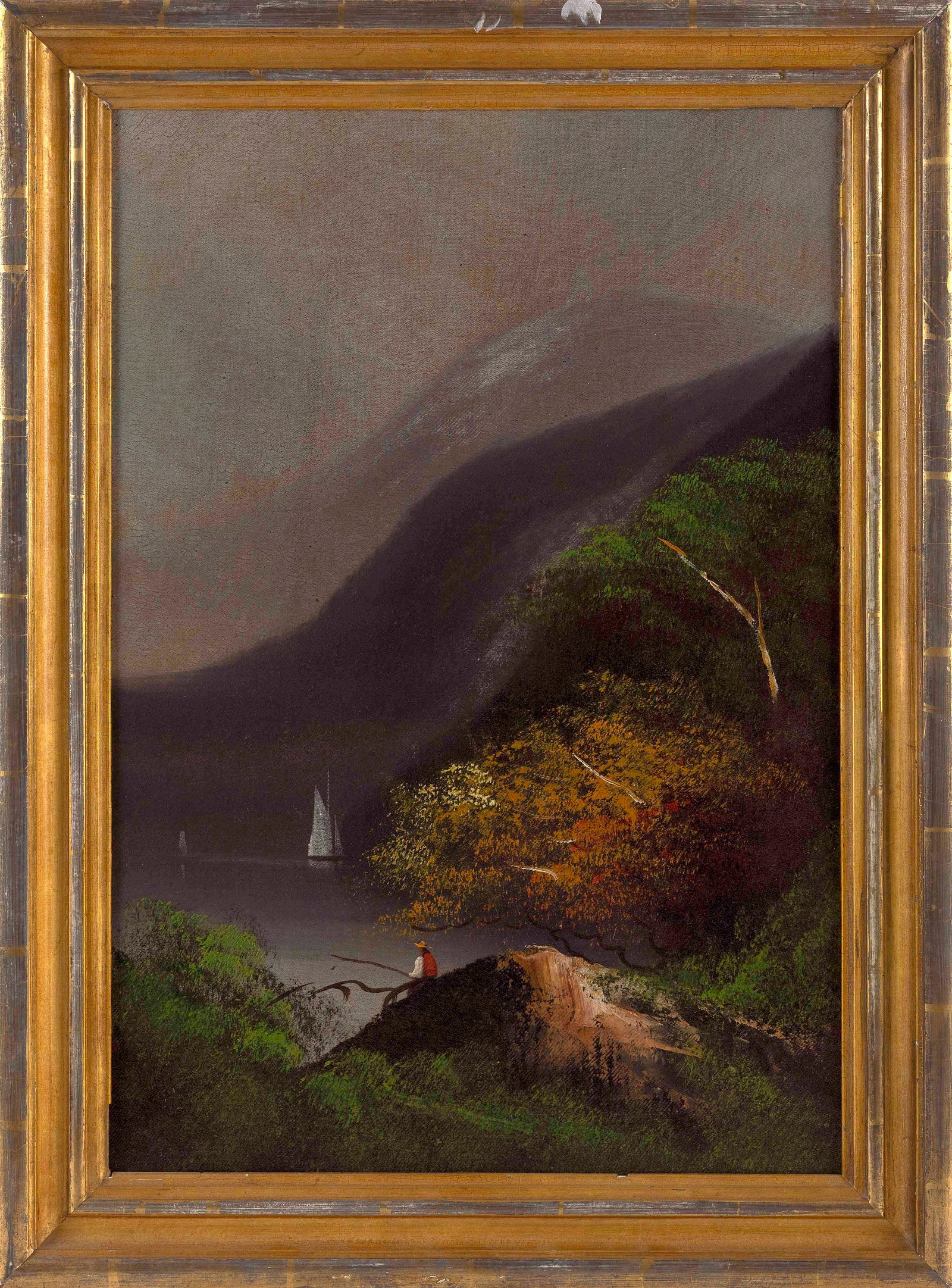 HUDSON RIVER SCHOOL (America, Early 20th Century), Boy fishing off a rock., Oil on canvas, 19.5" x: HUDSON RIVER SCHOOL America, Early 20th Century Boy fishing off a rock. Unsigned. Oil on canvas, 19.5" x 13.5". Framed 24" x 17.25".