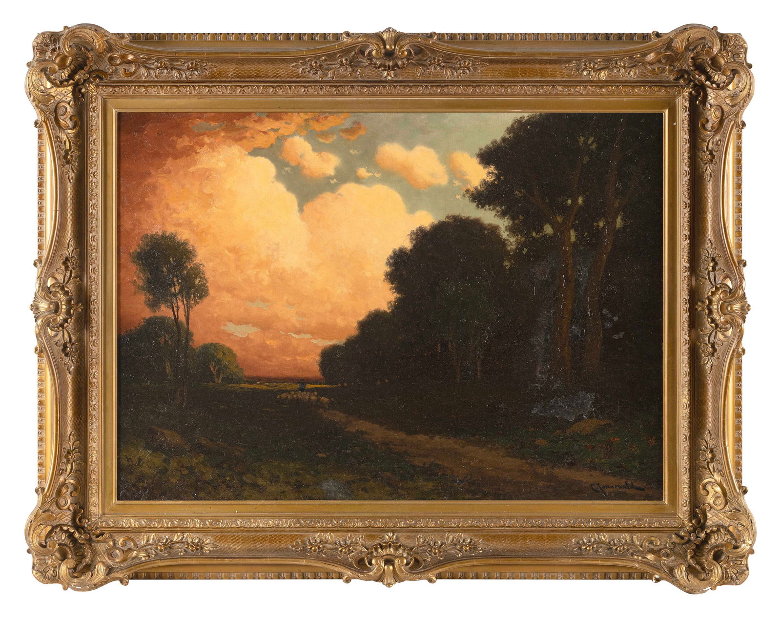 CARL HENRIK JONNEVOLD (California/Norway, 1856-1930/1955), Herding sheep at sunset., Oil on canvas, (1 of 3)