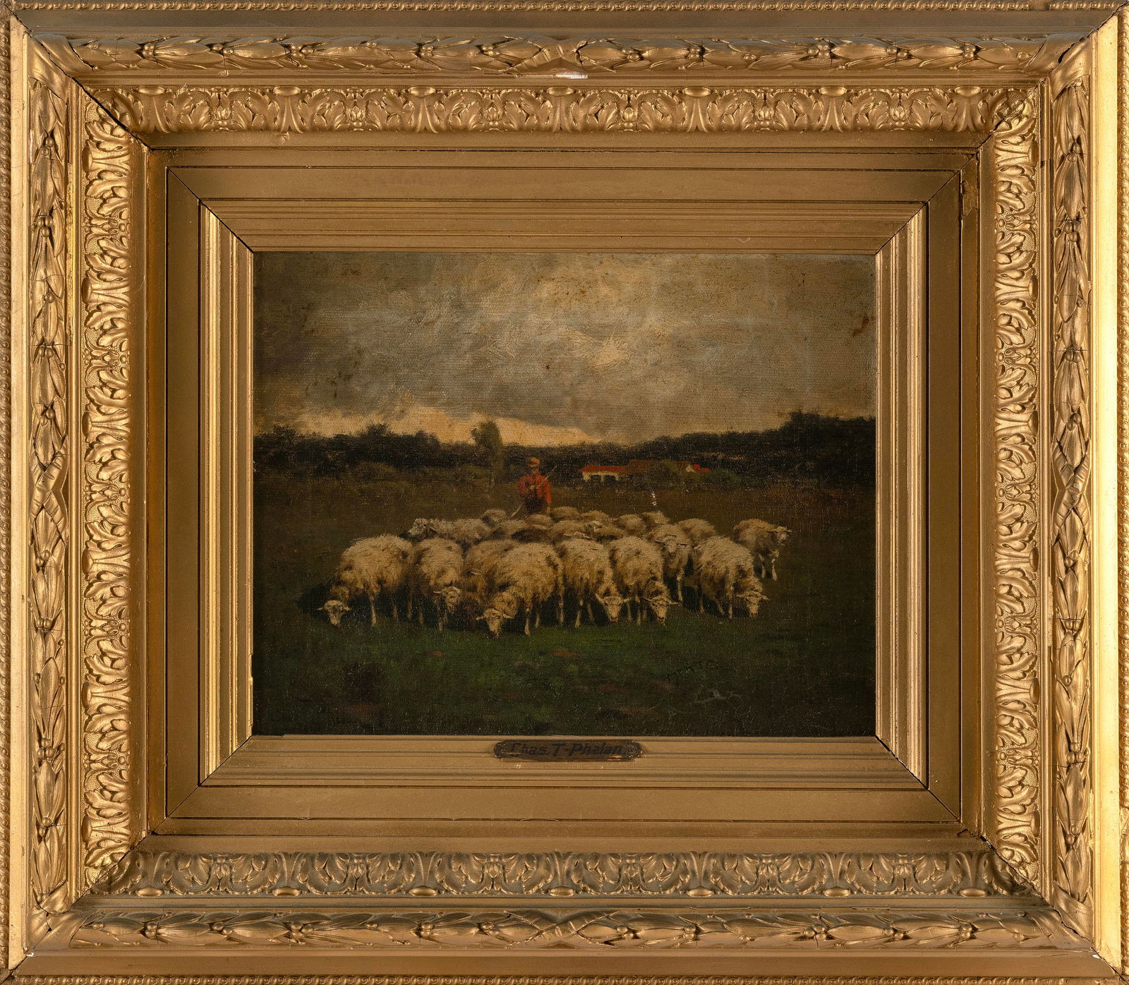 CHARLES T. PHELAN (New York, b. 1840), Landscape with sheep., Oil on canvas, 11" x 14". Framed 22" x: CHARLES T. PHELANNew York, b. 1840Landscape with sheep. Signed lower left.Oil on canvas, 11" x 14". Framed 22" x 24.5".