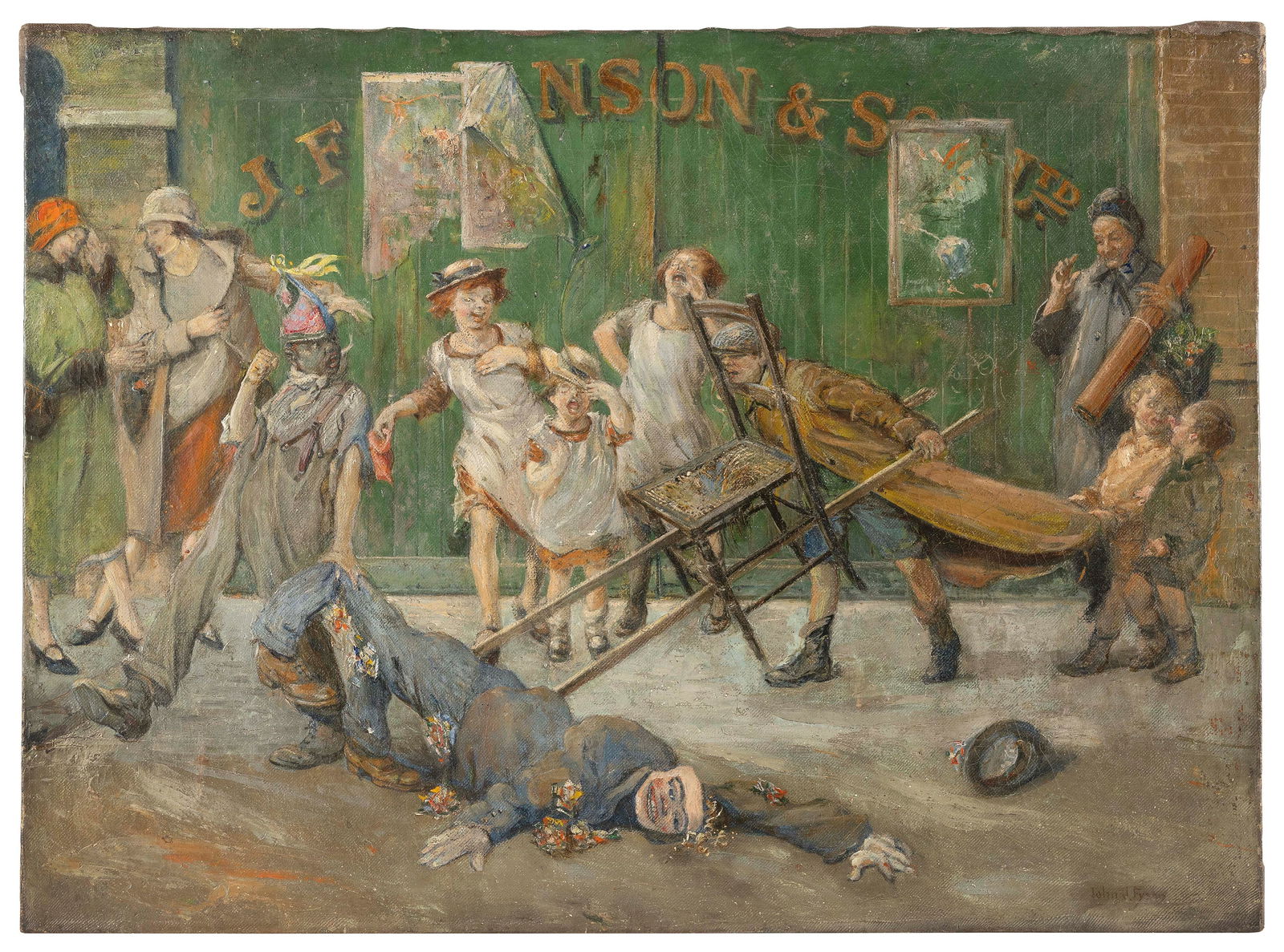 AMERICAN SCHOOL (19th Century,), Humorous interior scene., Oil on canvas, 28” x 28”. (1 of 2)