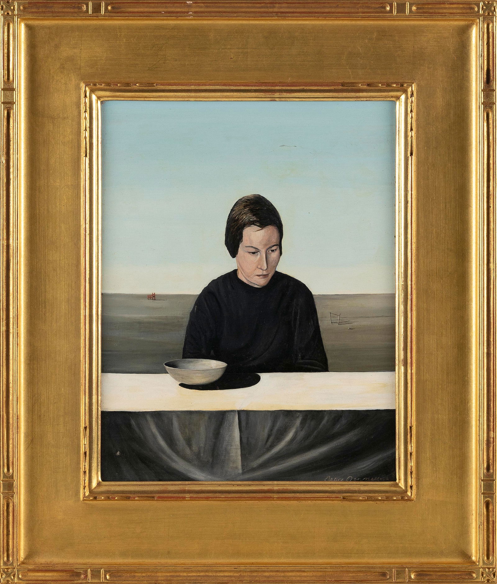 BRUCE PARNELL (America, Contemporary), A woman seated at a table., Oil on masonite, 14" x 11".: BRUCE PARNELLAmerica, ContemporaryA woman seated at a table. Signed lower left "Bruce Parnell".Oil on masonite, 14" x 11". Framed 21" x 18".