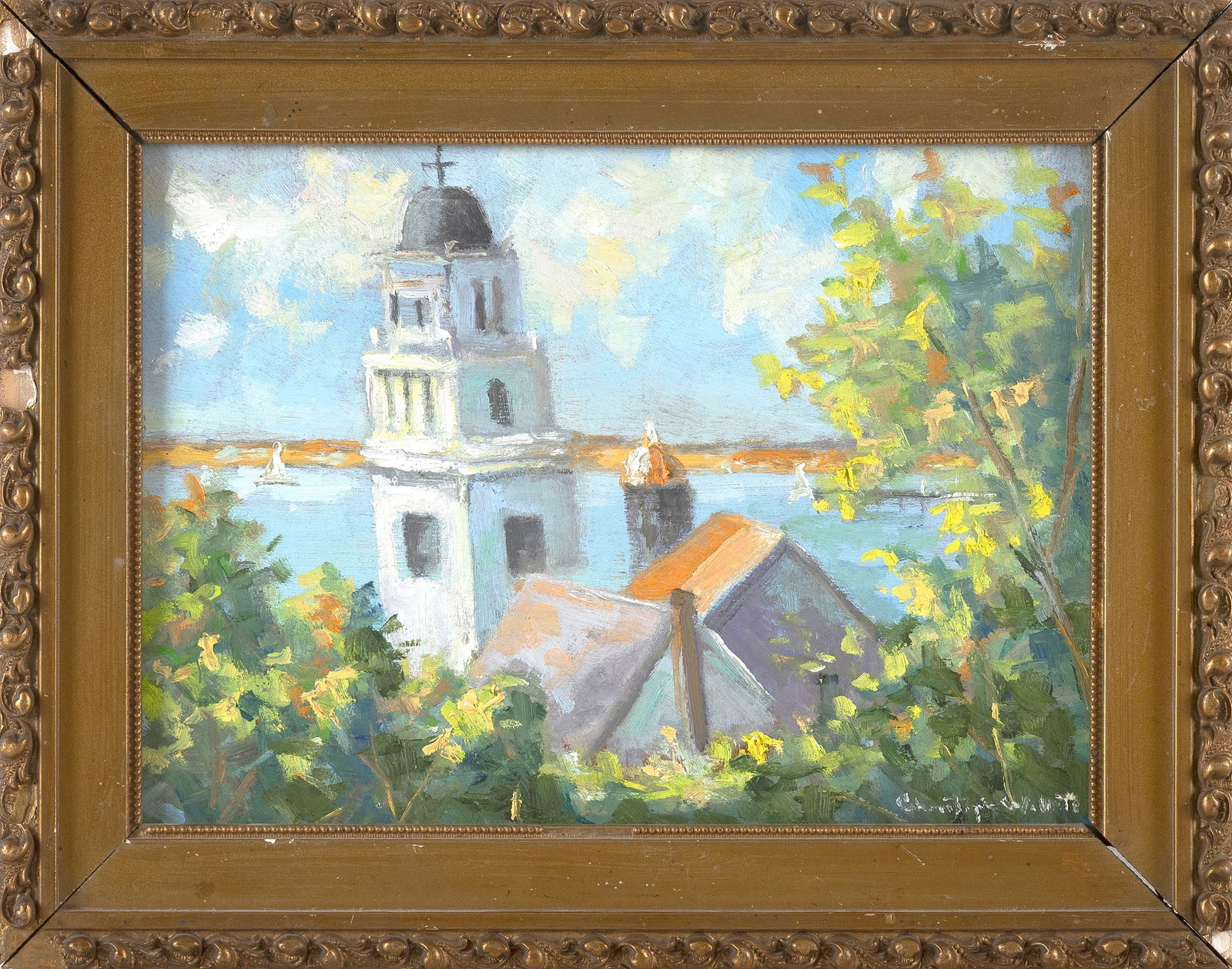 CHRISTOPHER G. WILLETT (Pennsylvania, 1959-), "Provincetown, Mass"., Oil on masonite, 8" x 11".: CHRISTOPHER G. WILLETTPennsylvania, 1959-"Provincetown, Mass". Signed lower right "Christopher Willett". Titled verso.Oil on masonite, 8" x 11". Framed 10.5" x 14".