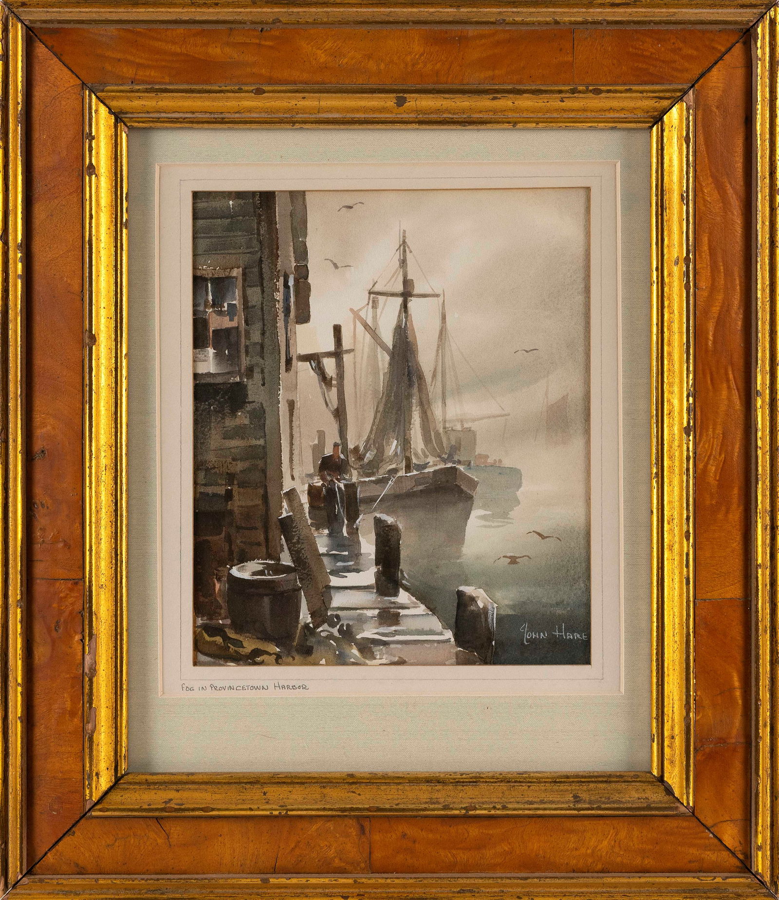 JOHN CUTHBERT HARE (Massachusetts/Florida, 1908-1978), "Fog in Provincetown Harbor"., Watercolor on: JOHN CUTHBERT HAREMassachusetts/Florida, 1908-1978"Fog in Provincetown Harbor". Signed lower right "John Hare". Titled on mat lower left.Watercolor on paper, 8" x 6.5" si