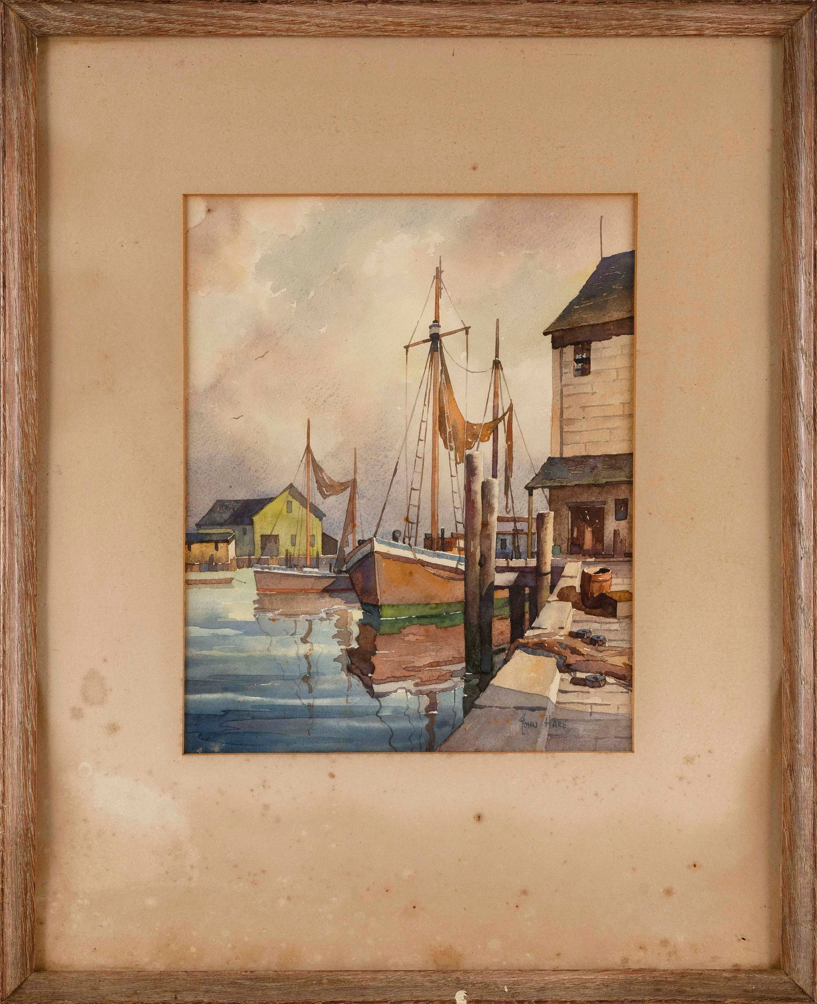 JOHN CUTHBERT HARE (Massachusetts/Florida, 1908-1978), Provincetown wharf scene., Watercolor, 12" x: JOHN CUTHBERT HAREMassachusetts/Florida, 1908-1978Provincetown wharf scene. Signed lower right "John Hare".Watercolor, 12" x 9.5" sight. Framed 21" x 17".