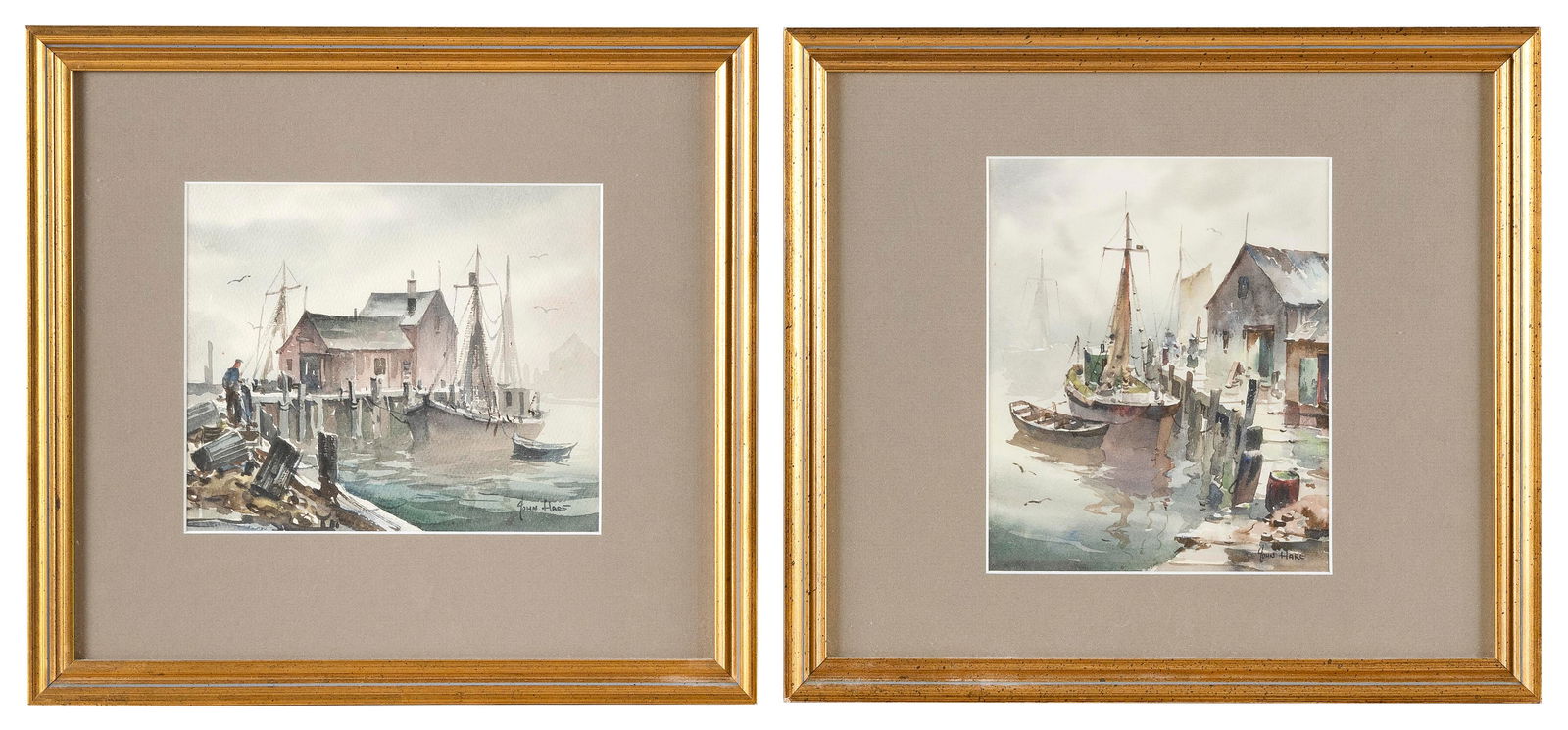 JOHN CUTHBERT HARE (Massachusetts/Florida, 1908-1978), Two pier scenes., Watercolors, mat openings: JOHN CUTHBERT HAREMassachusetts/Florida, 1908-1978Two pier scenes. Signed lower right "John Hare".Watercolors, mat openings 7" x 8.25" and 8.75" x 6.75". Framed 13.5"