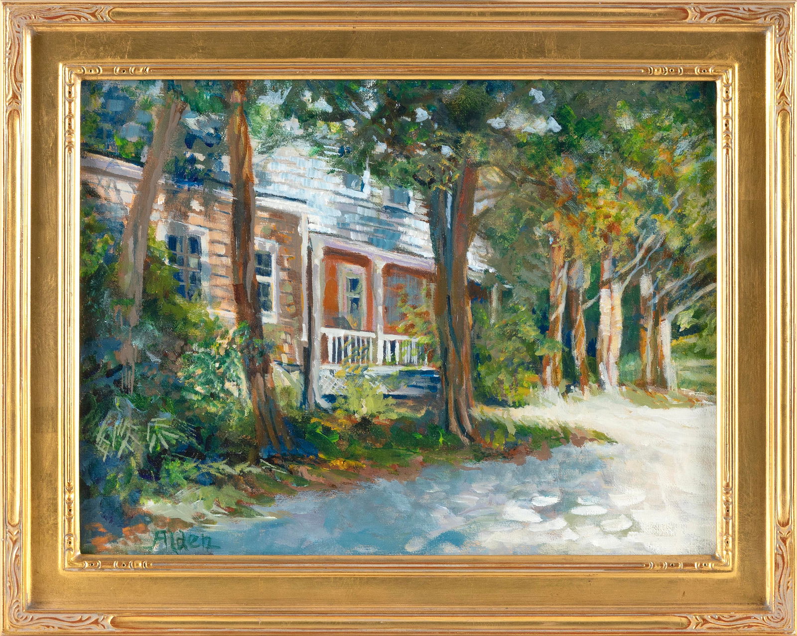 SELMA ALDEN (Massachusetts, Contemporary), House on a tree-lined lane., Oil on canvas, 12” x (1 of 2)