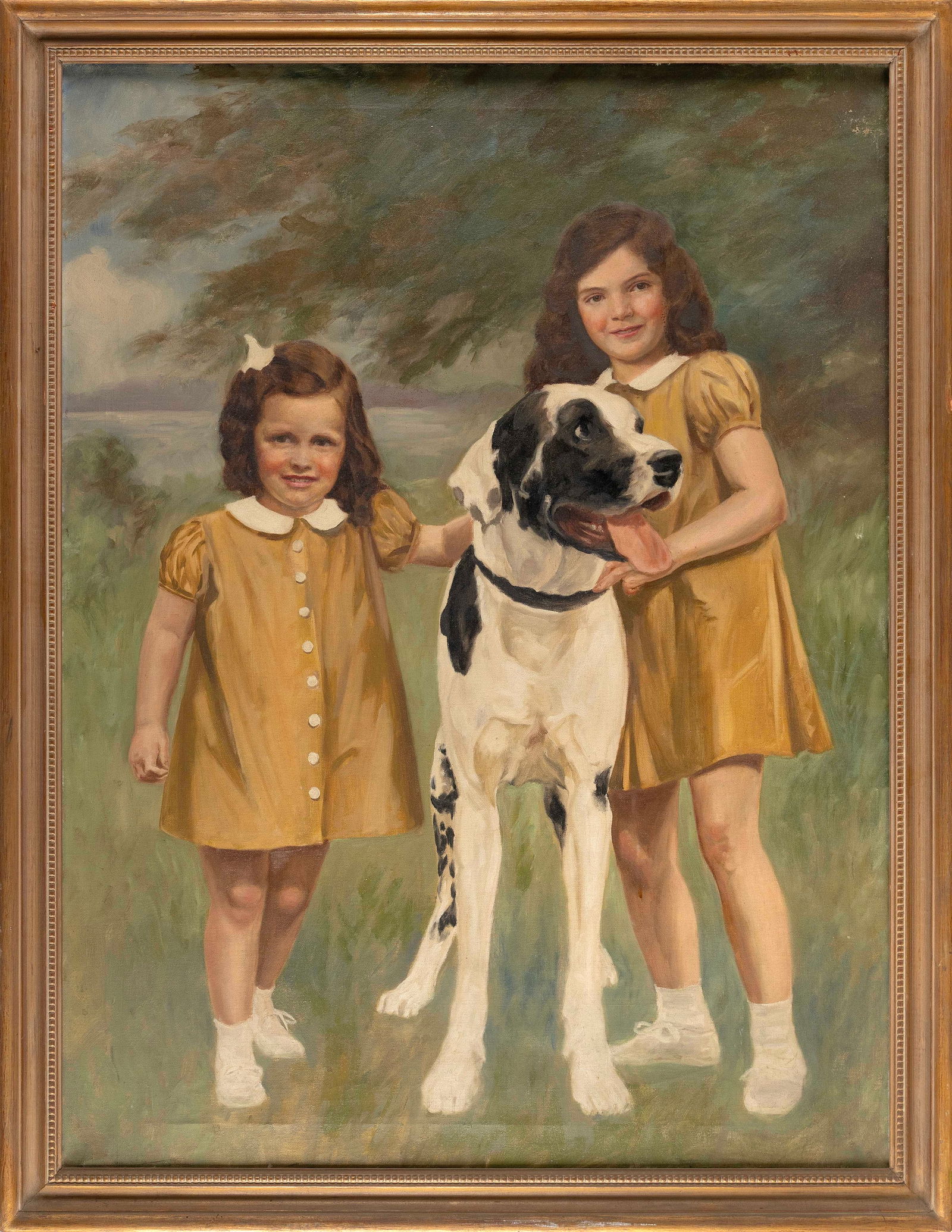 AMERICAN SCHOOL (20th Century,), Portrait of two young girls and their dog., Oil on canvas, 40” (1 of 2)