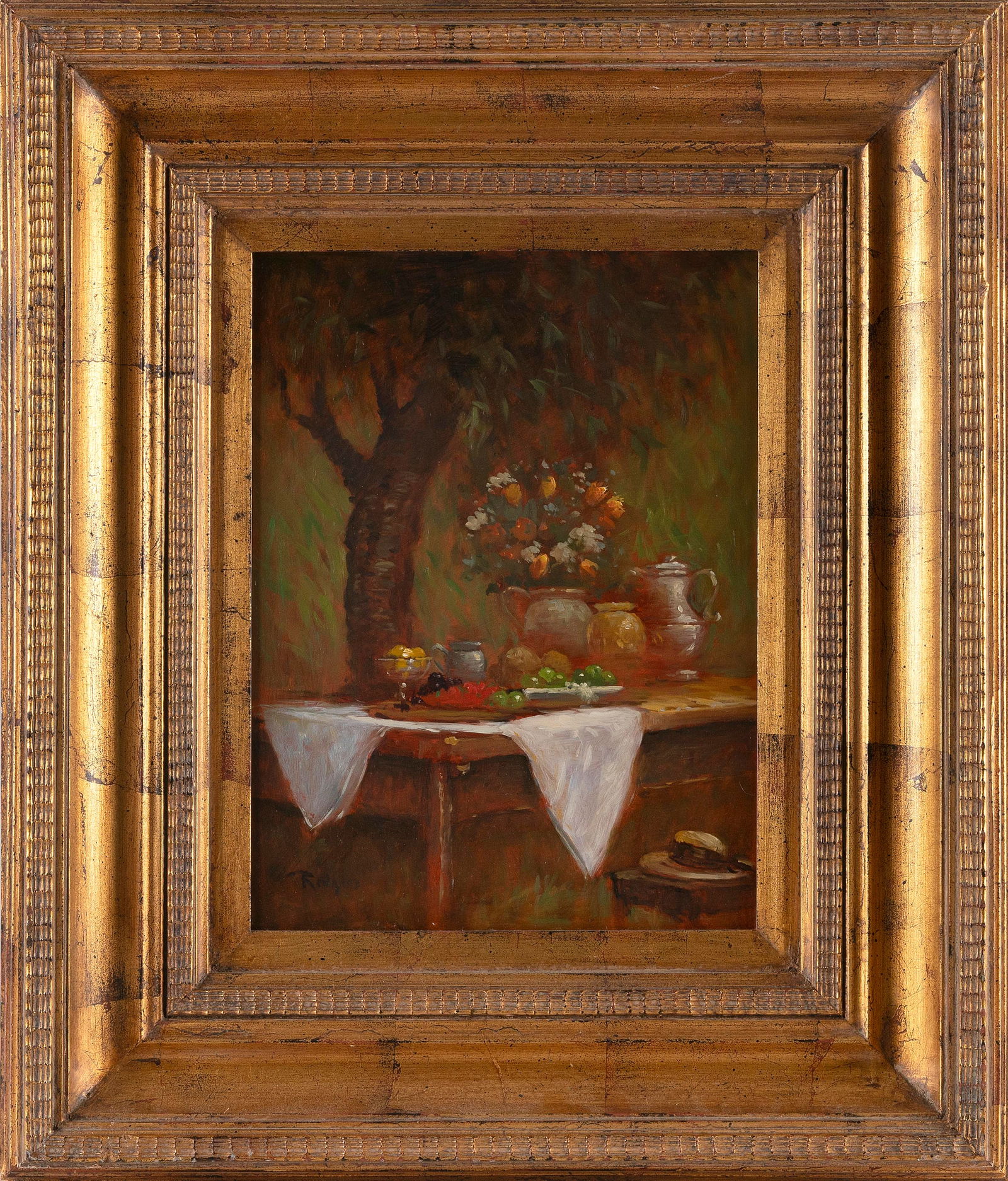 JIM ROGERS (New Jersey, Contemporary), Table set for a garden picnic., Oil on masonite, 16” x (1 of 2)