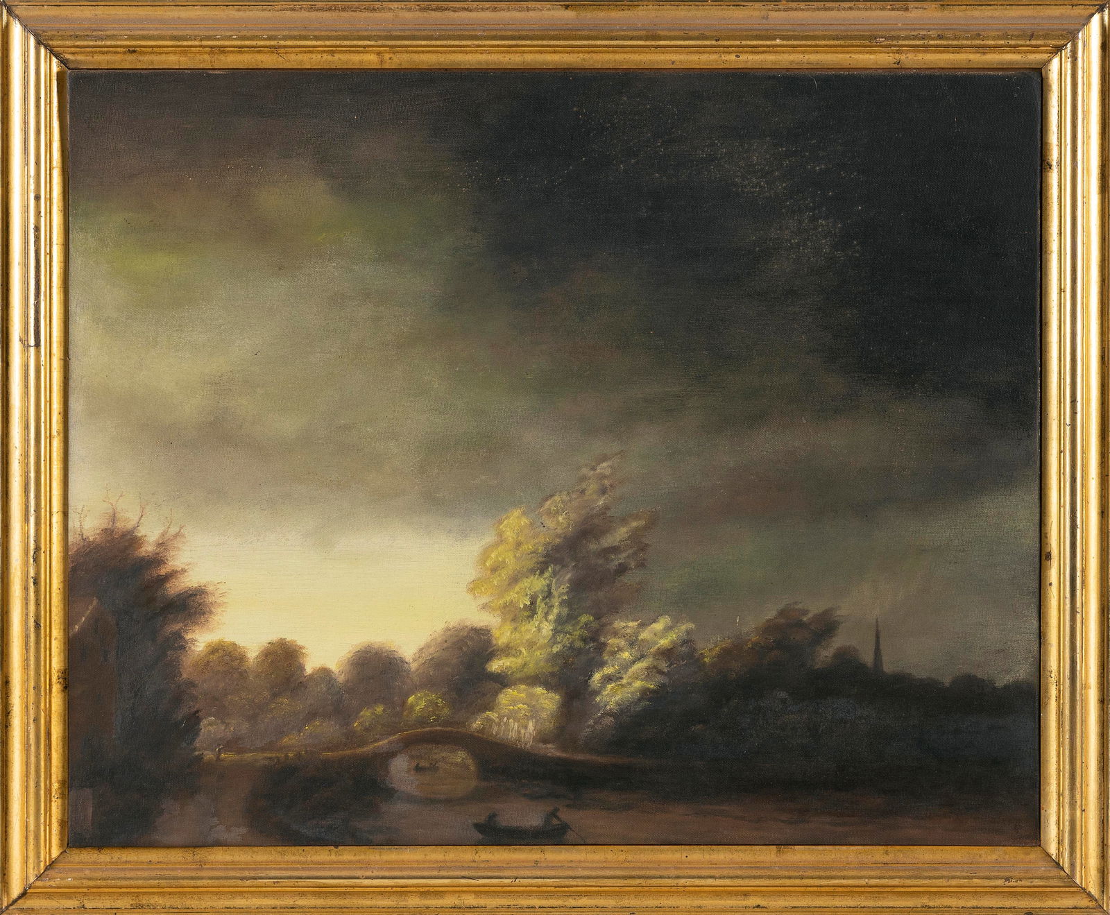 AMERICAN SCHOOL (20th Century,), Moonlit scene, Oil on board, 16" x 20". Framed 19" x 23". (1 of 2)