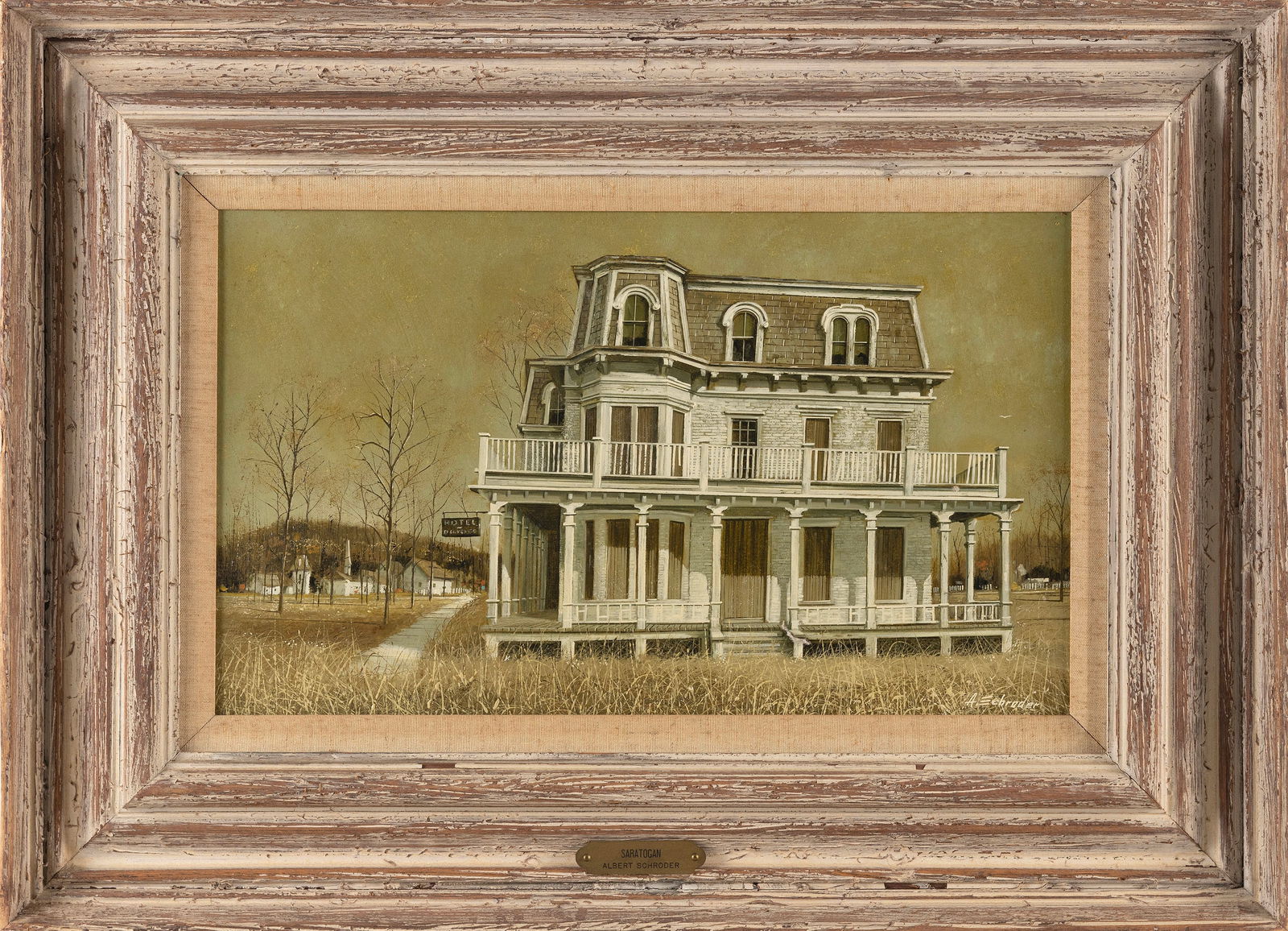 ALBERT HENRY (AL) SCHRODER (Oregon/New Jersey, 1929-2004), "The Saratogan"., Oil on masonite, 12" x: ALBERT HENRY (AL) SCHRODEROregon/New Jersey, 1929-2004"The Saratogan". Signed lower right "A. Schroder". Titled on gallery label verso.Oil on masonite, 12" x 20". Framed 21" x 29".