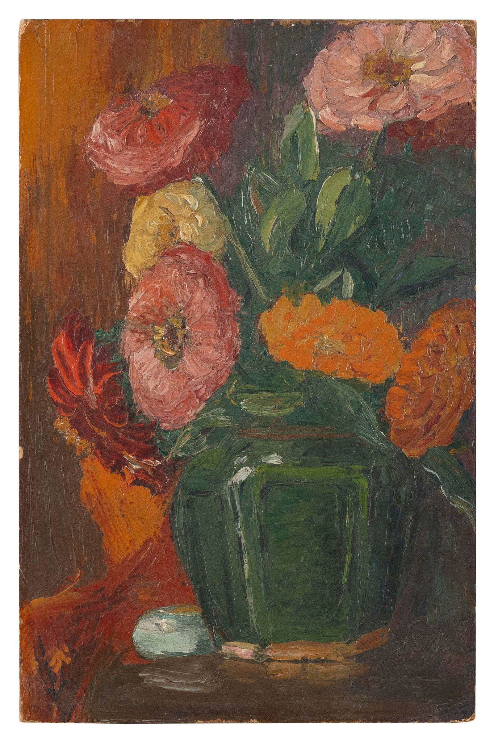 AMERICAN SCHOOL (20th Century,), Still life of zinnias., Oil on board, 12" x 8". Unframed. (1 of 2)