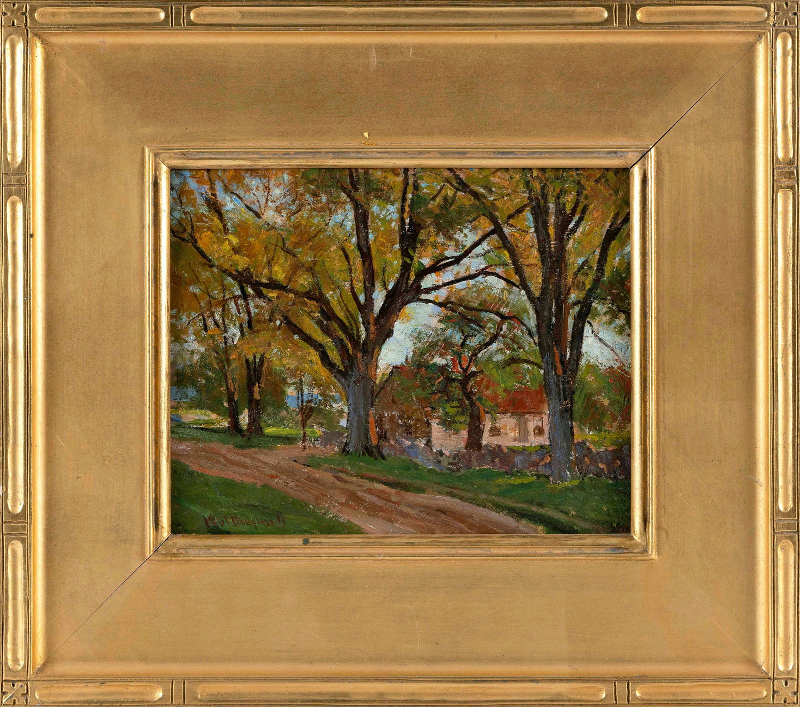 AMERICAN SCHOOL (Mid-20th Century,), House on a country road., Oil on board, 8" x 10". Framed 14.5" (1 of 2)
