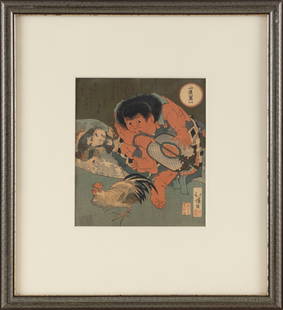 TOTOYA HOKKEI (Japan, 1780-1850), Kintaro Referees a Match Between Rooster and Tengu., Woodblock: TOTOYA HOKKEI Japan, 1780-1850 Kintaro Referees a Match Between Rooster and Tengu. Woodblock print, 7.75" x 7" sight. Framed 16" x 14.5".