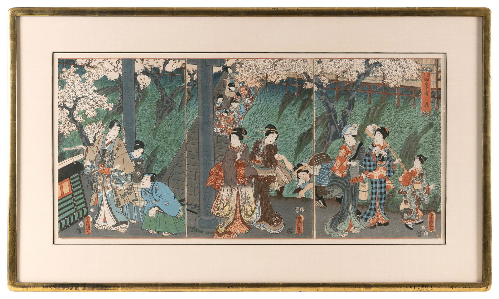 UTAGAWA KUNISADA (Japan, 1786-1864), Triptych depicting figures in a courtyard., Woodblock prints, (1 of 4)