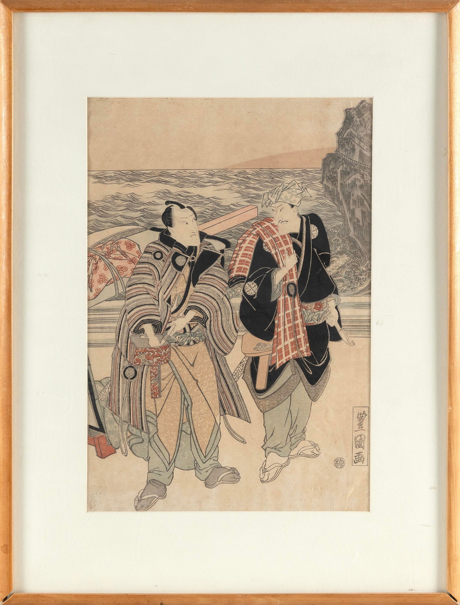 UTAGAWA KUNISADA (Japan, 1786-1864), Two figures along a rocky coastline., Woodblock print, oban (1 of 2)