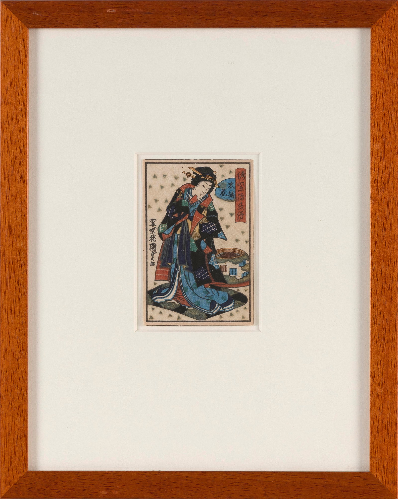 UTAGAWA KUNISADA II (Japan, 1823-1880), Lady in Kimono, Woodblock print, 4.5" x 3". Framed 14" x: UTAGAWA KUNISADA II Japan, 1823-1880 Lady in Kimono From the Tales of Genji series, circa 1850. Label verso for Gary Levine, Newbury Street, Boston. Woodblock print, 4.5" x 3". Framed 14" x 11".