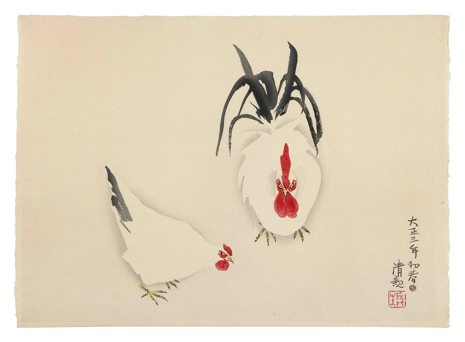 KOBAYASHI KIYOCHIKA (Japan, 1847-1915), Rooster and Hen., Woodblock print, oban yoko-e, 12" x 16.5".: KOBAYASHI KIYOCHIKA Japan, 1847-1915 Rooster and Hen. Woodblock print, oban yoko-e, 12" x 16.5". Unframed.