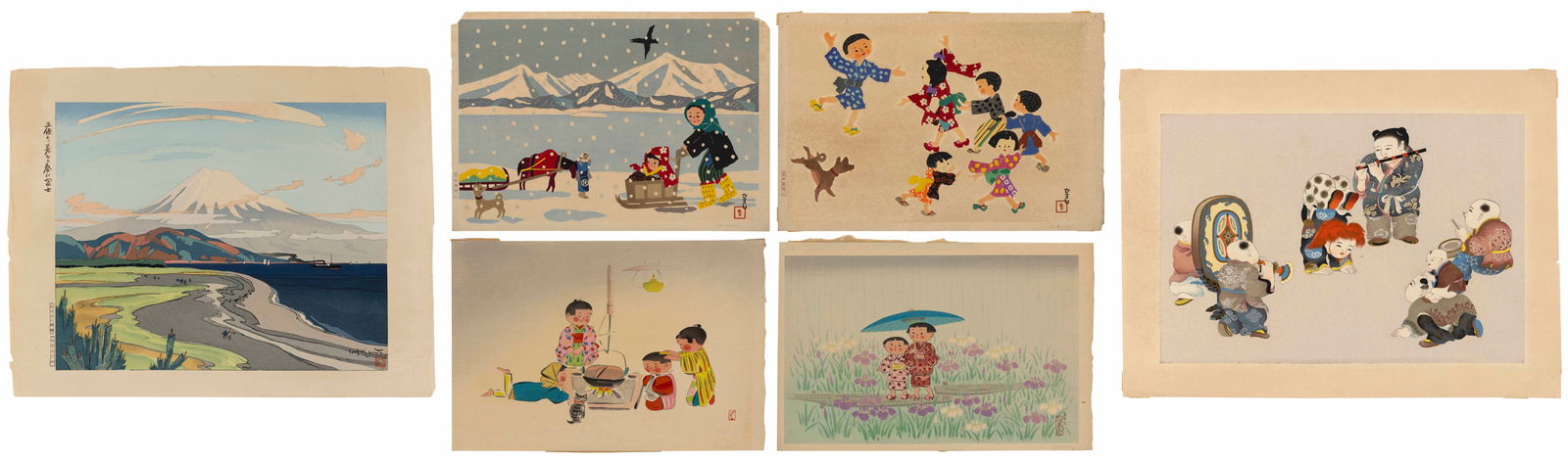 HITOSHI KIYOHARA (Japan, 1896-1956), Five views of children at various pursuits., Woodblock prints, (1 of 10)