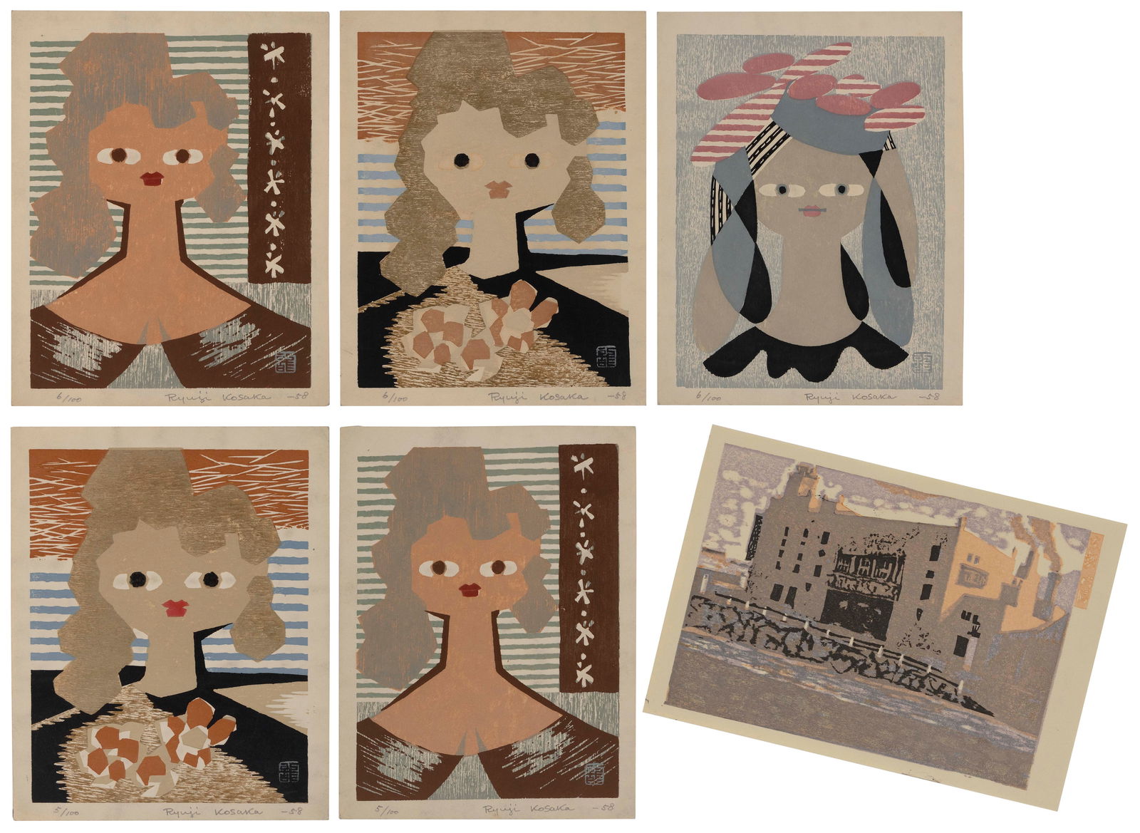 RYUJI KOSAKA (Japan, 1912-1972), Five portraits., Woodblock prints, 10" x 8". Unframed. (1 of 10)