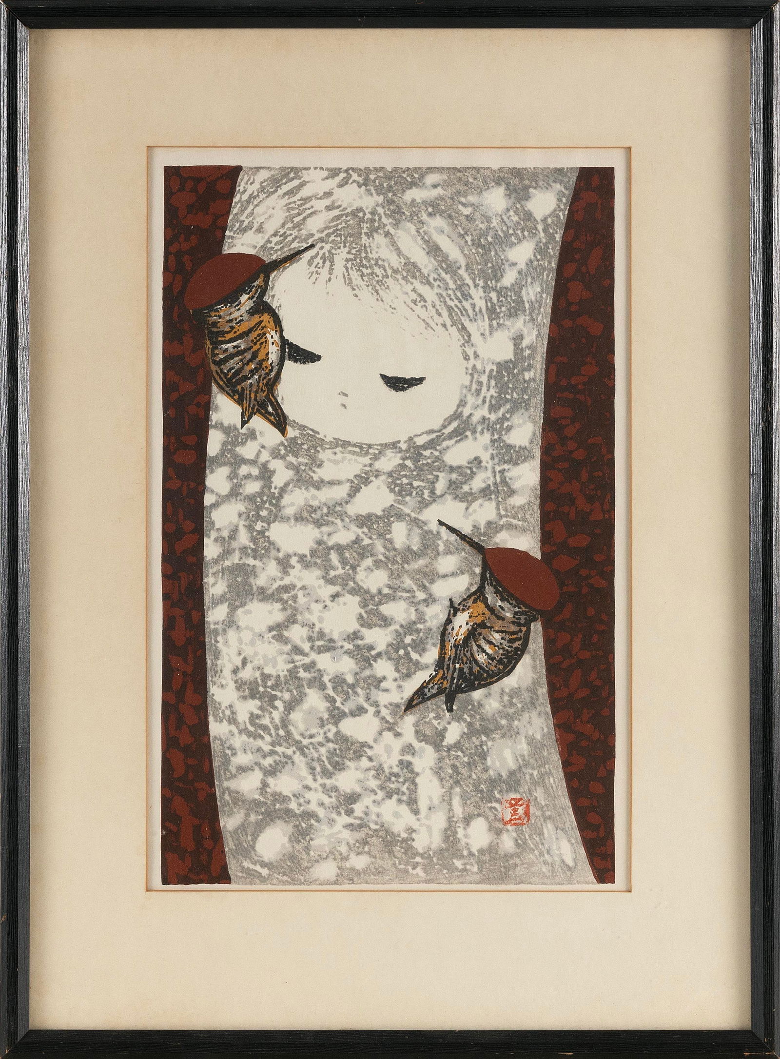 KAORU KAWANO (Japan, 1916-1965), Tree Girl with Woodpeckers., Woodblock print, oban tate-e, 17" x (1 of 2)