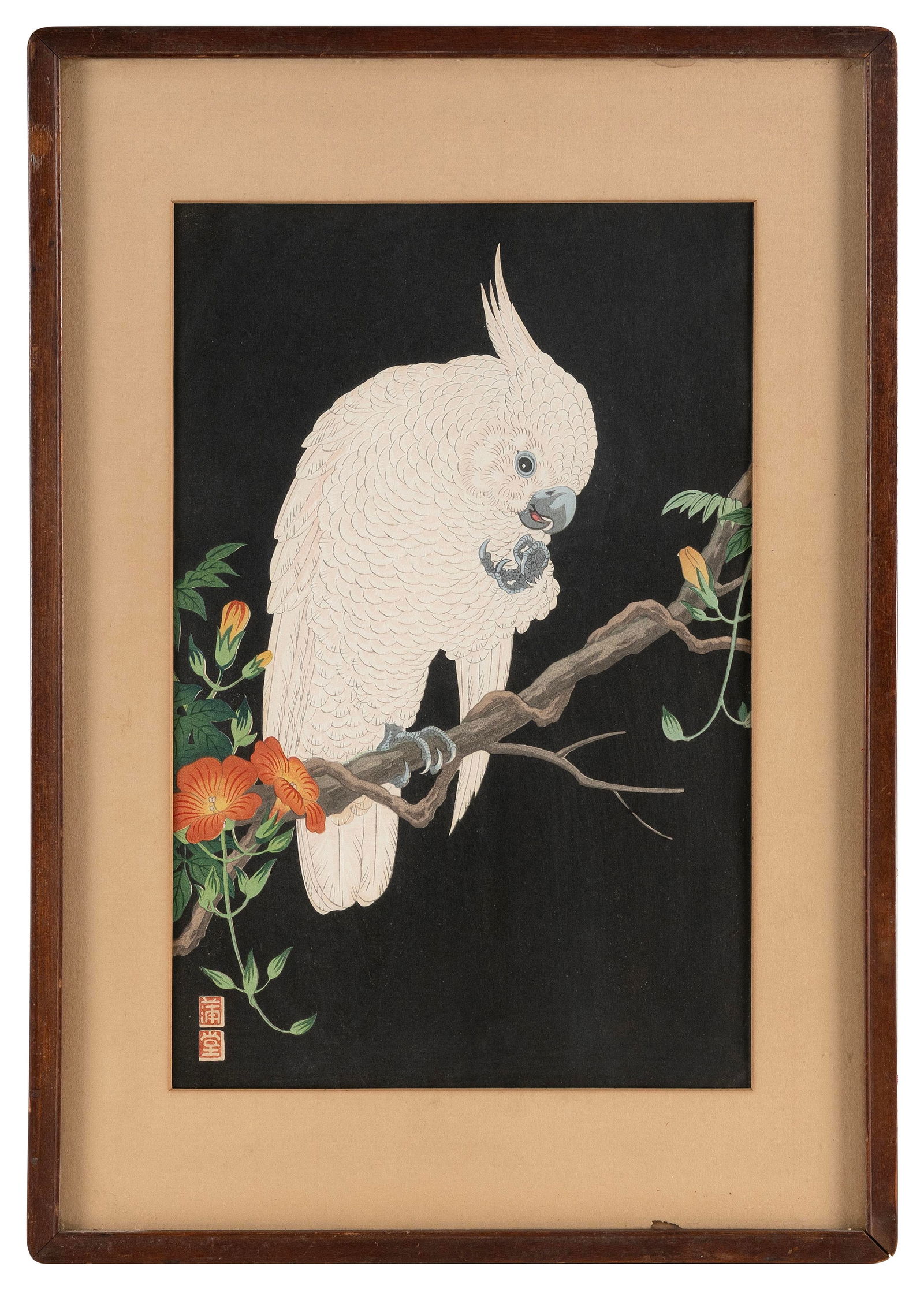 HODO NISHIMURA (Japan, Active 1930s), Cockatoo (Omu)., Woodblock print, oban tate-e, 14" x 9.25" (1 of 9)