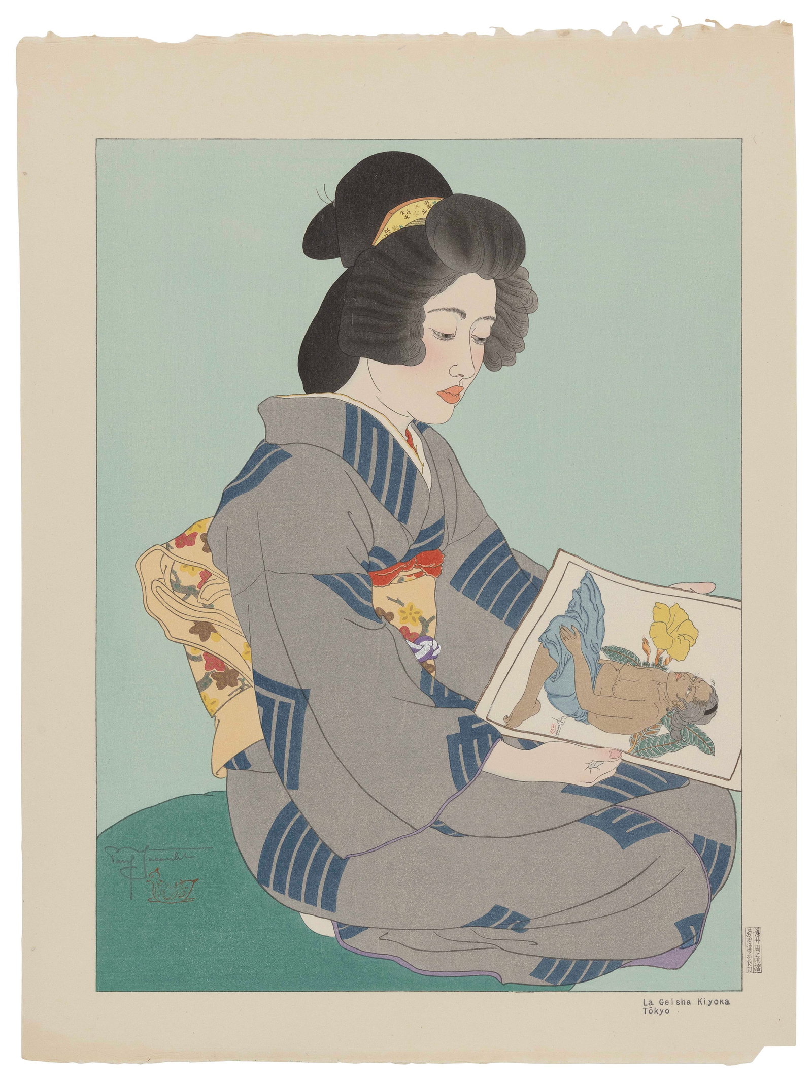 PAUL JACOULET (France/Japan, 1902-1960), La Geisha Kiyoka. Tokyo. (#20)., Woodblock print, 18.75" x: PAUL JACOULET France/Japan, 1902-1960 La Geisha Kiyoka. Tokyo. (#20). Published: 24 May 1935. Signed in pencil lower left above the Mandarin Duck seal. Seals of the carver, Kentaro Maeda, and printer,