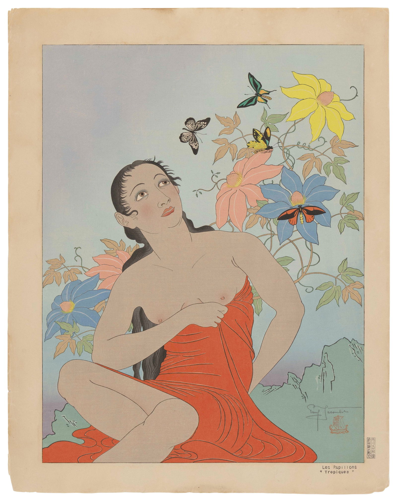 PAUL JACOULET (France/Japan, 1902-1960), Les Papillons. Tropiques. (#56)., Woodblock print, 17.75" x: PAUL JACOULETFrance/Japan, 1902-1960Les Papillons. Tropiques. (#56). Published: 10 November 1939. Signed in pencil lower right above the Boat seal. Seals of the carver, Kentaro Maeda, and printer, Tet