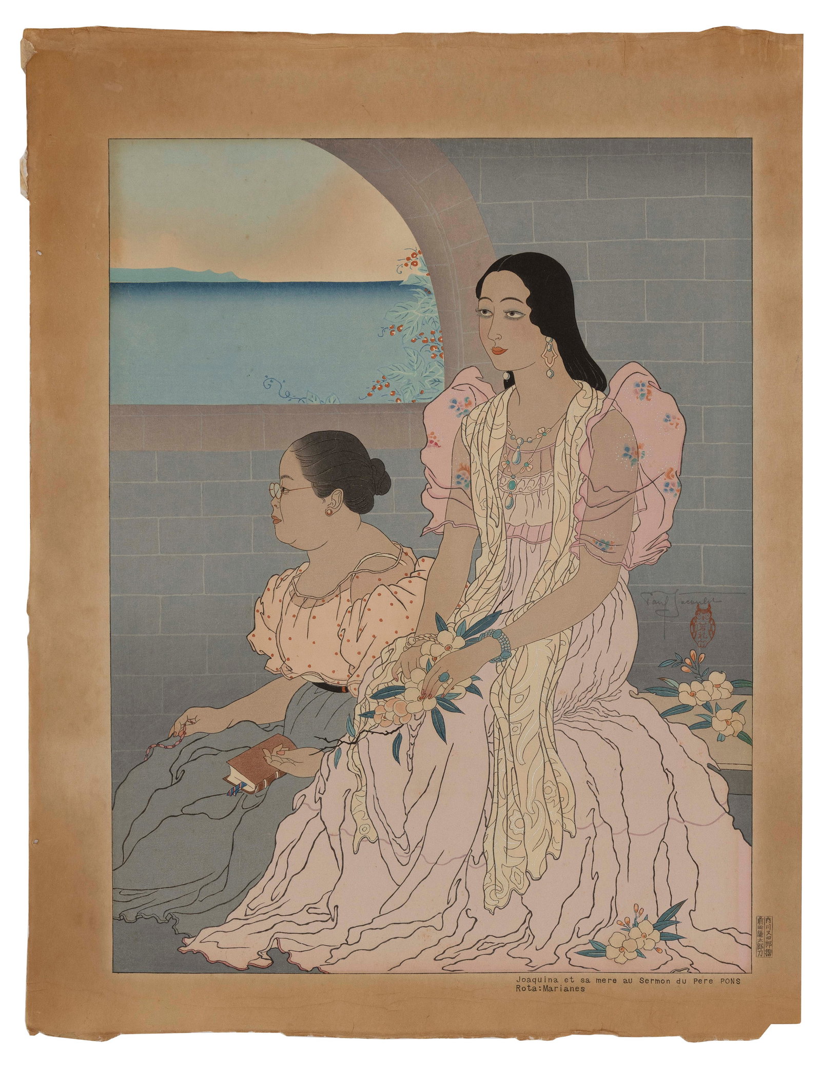 PAUL JACOULET (France/Japan, 1902-1960), Joaquina et sa mere au Sermon du Pere Pons. Rota: Marianes.: PAUL JACOULET France/Japan, 1902-1960 Joaquina et sa mere au Sermon du Pere Pons. Rota: Marianes. (#87). Signed in pencil mid-right above the Owl seal. Seals of the carver, Kentaro Maeda, and printer,