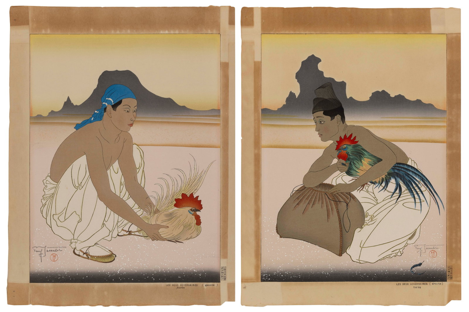 PAUL JACOULET (France/Japan, 1902-1960), Les Deux Adversaires. Coree: Droite et Gauche pair.: PAUL JACOULET France/Japan, 1902-1960 Les Deux Adversaires. Coree: Droite et Gauche pair. (#117). Both signed in pencil above the Arrow seal. Seals of the carver, Kentaro Maeda, and printer, Yoshizo O