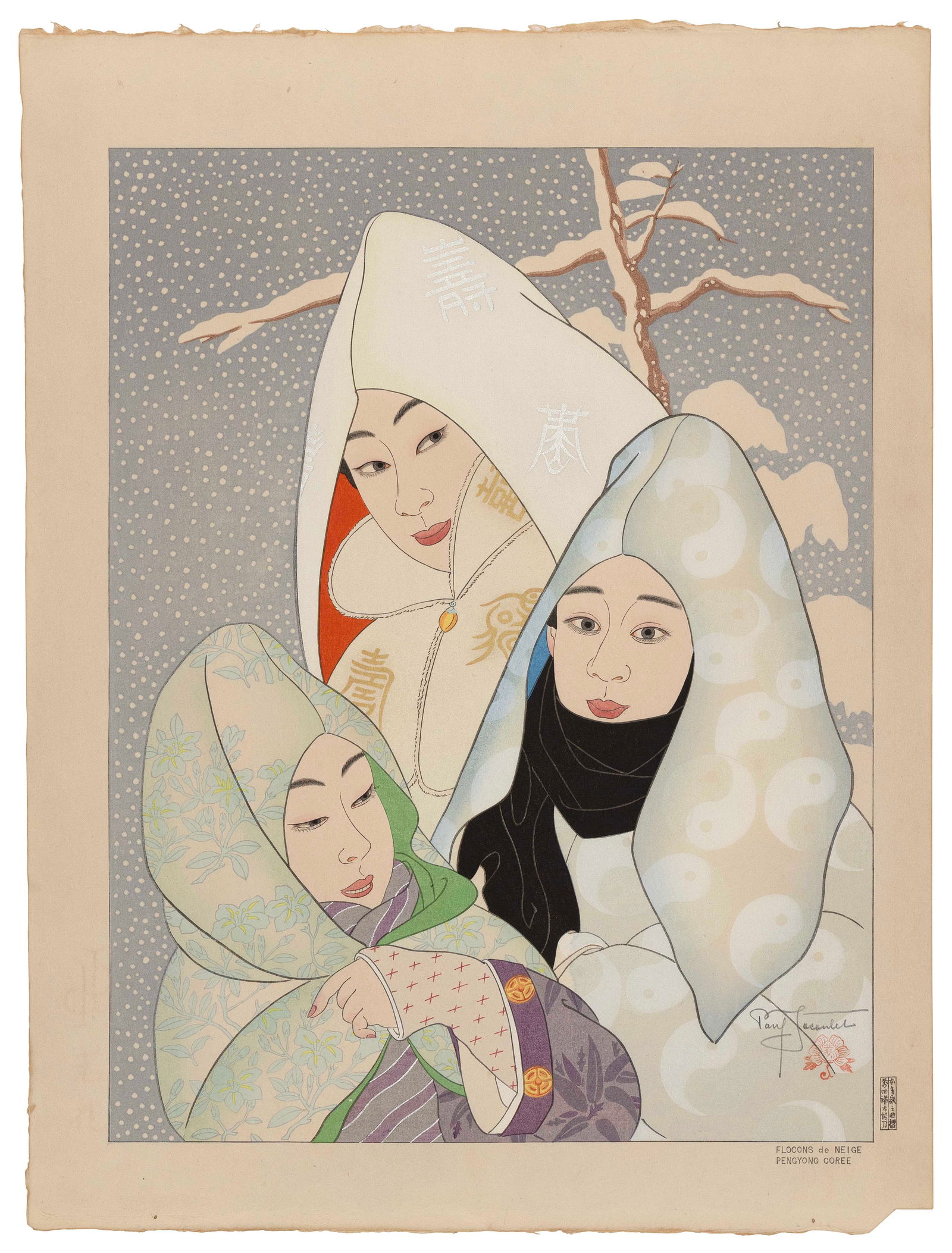PAUL JACOULET (France/Japan, 1902-1960), Flocons de Neige. Pengyong. Coree. (#134)., Woodblock (1 of 2)